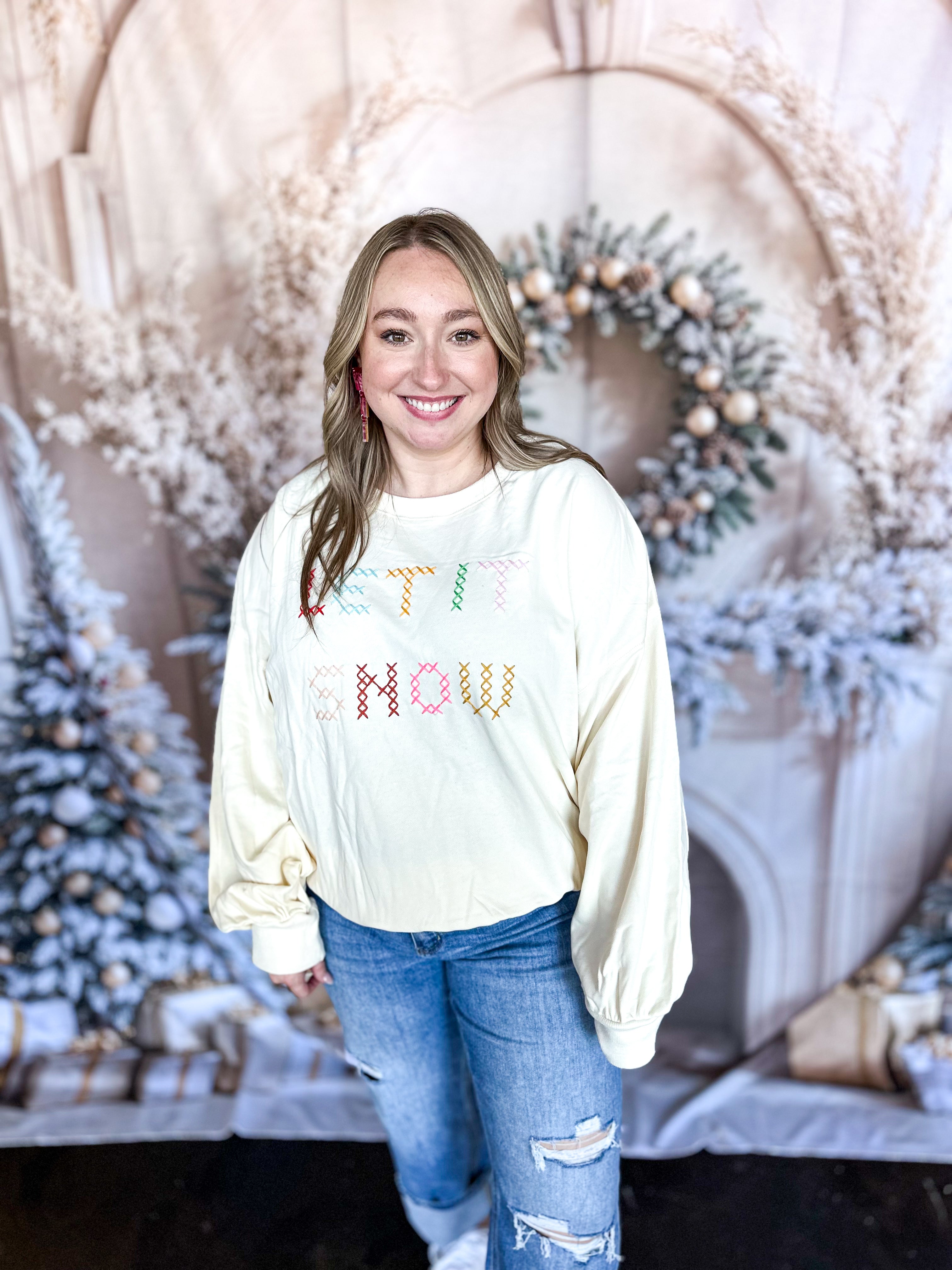 Let It Snow Pullover Top-210 Casual Blouses-FANTASTIC FAWN-July & June Women's Fashion Boutique Located in San Antonio, Texas