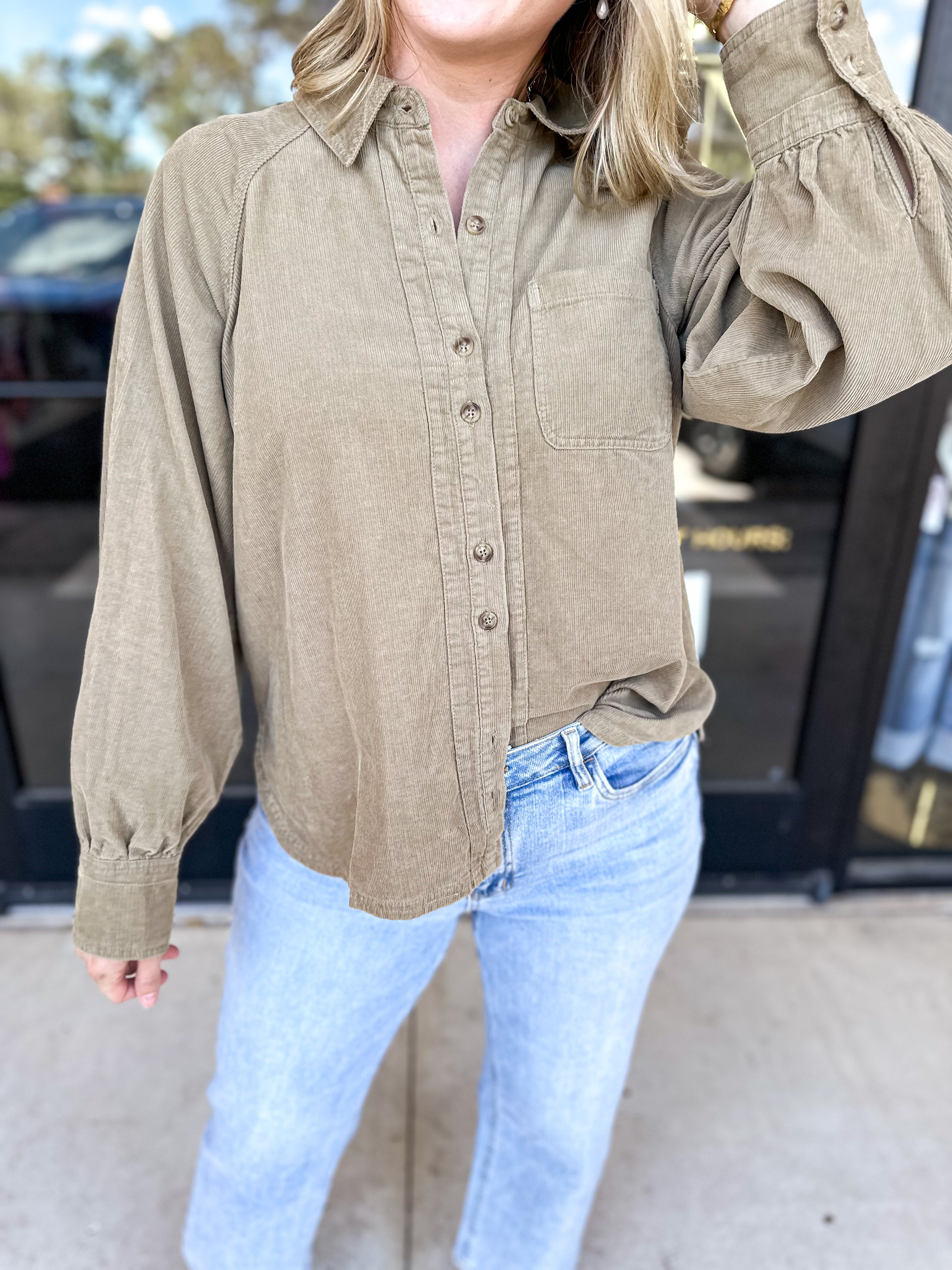 Corduroy Button Down - Mocha-200 Fashion Blouses-JODIFL-July & June Women's Fashion Boutique Located in San Antonio, Texas