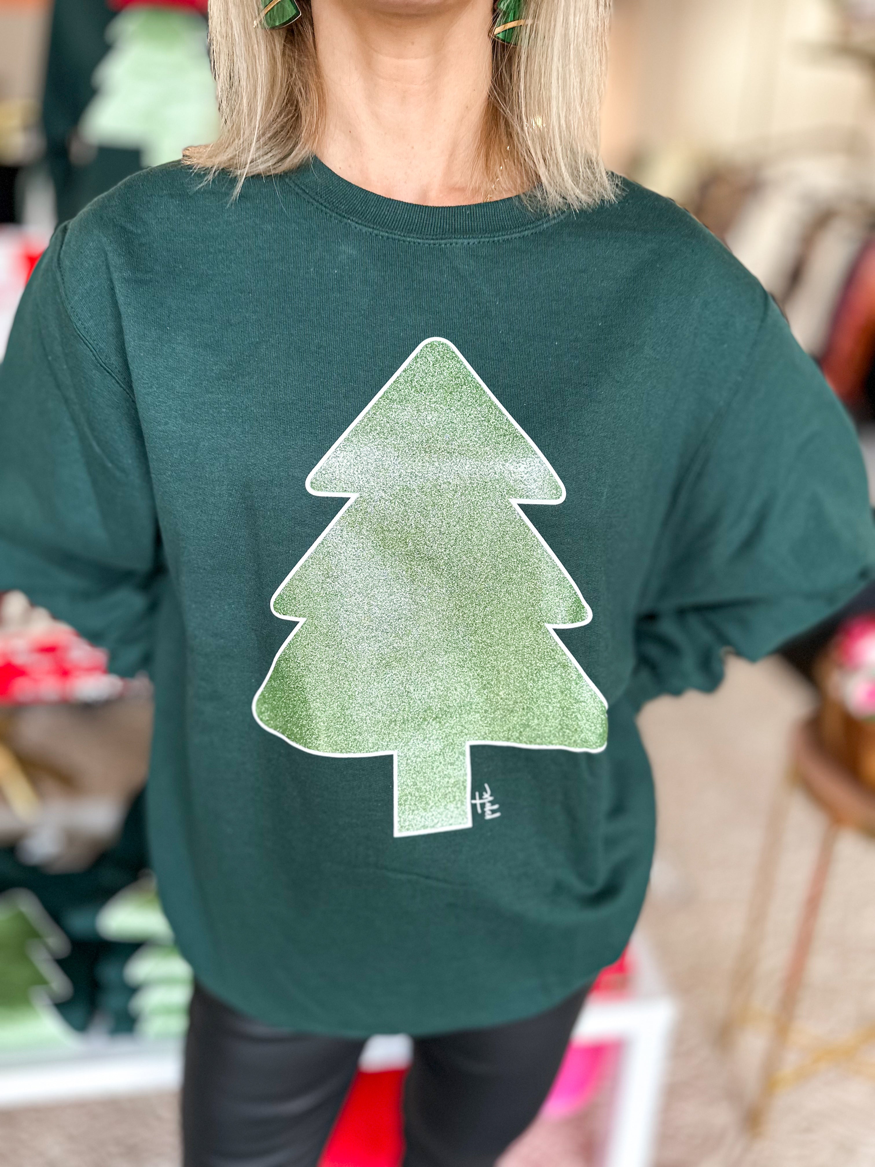 Glitter Christmas Tree Graphic Pullover-210 Casual Blouses-PPTX-July & June Women's Fashion Boutique Located in San Antonio, Texas