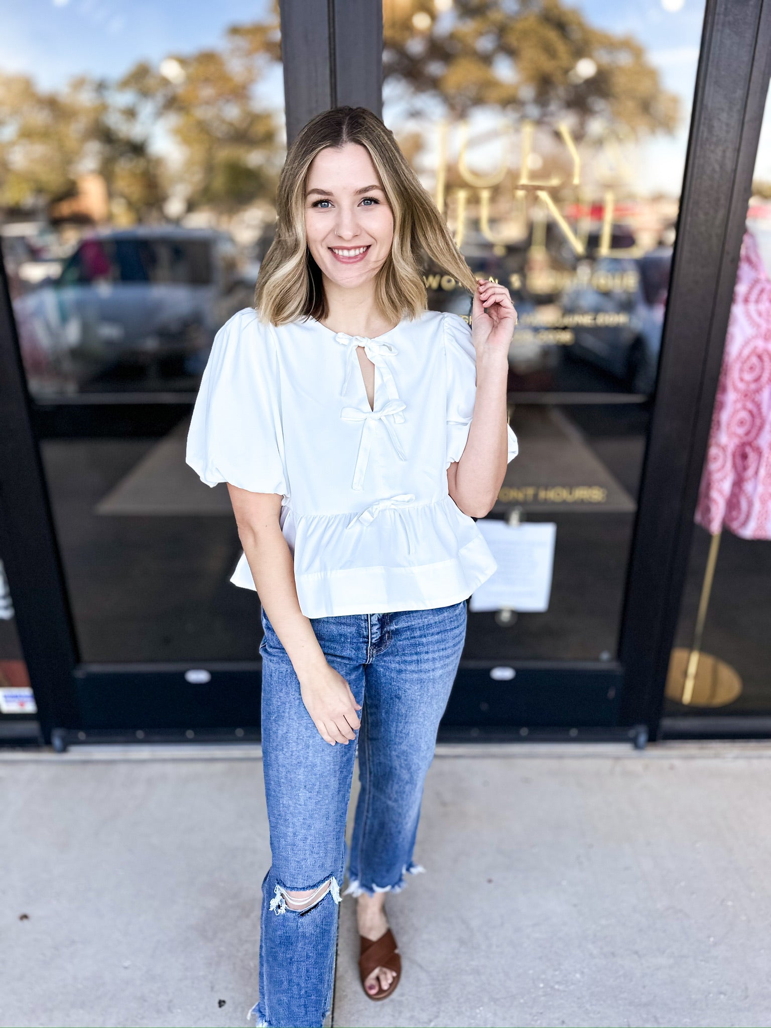 Feminine Bow Blouse - Ivory-200 Fashion Blouses-ENTRO-July & June Women's Fashion Boutique Located in San Antonio, Texas