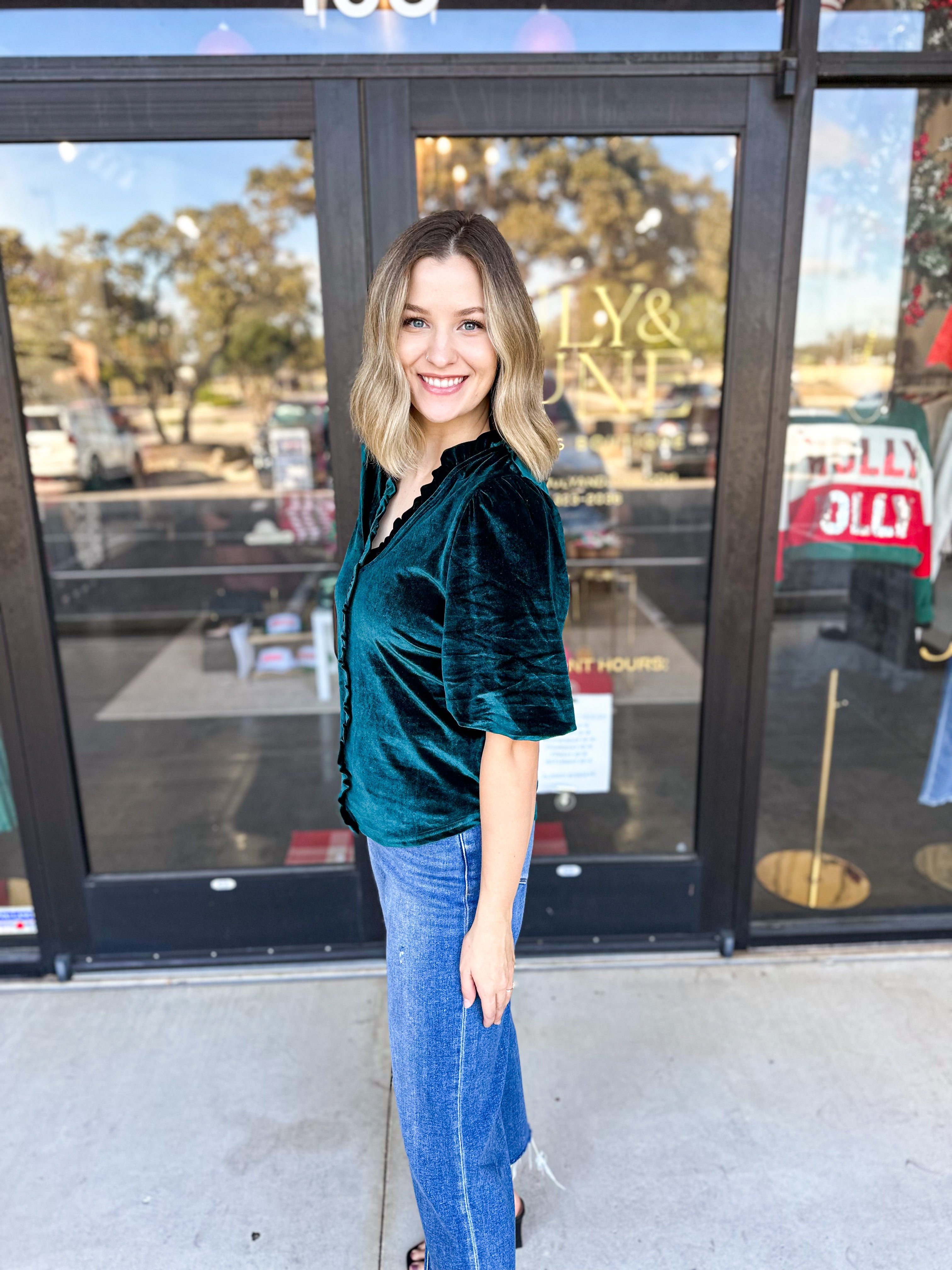 THML- Dark Teal Velvet Ruffle Blouse-200 Fashion Blouses-THML-July & June Women's Fashion Boutique Located in San Antonio, Texas