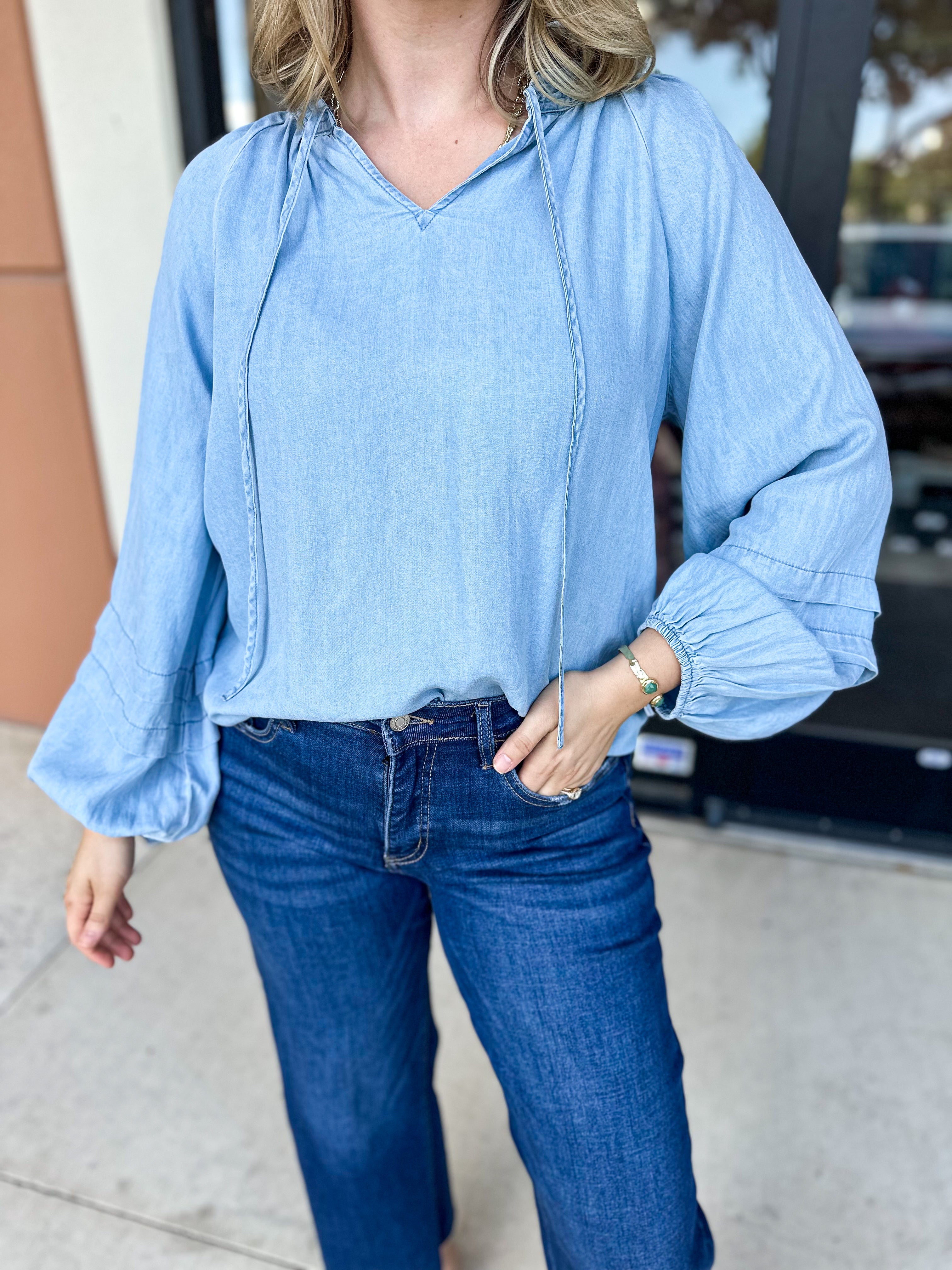 The Dreamy Denim Blouse-200 Fashion Blouses-FATE-July & June Women's Fashion Boutique Located in San Antonio, Texas