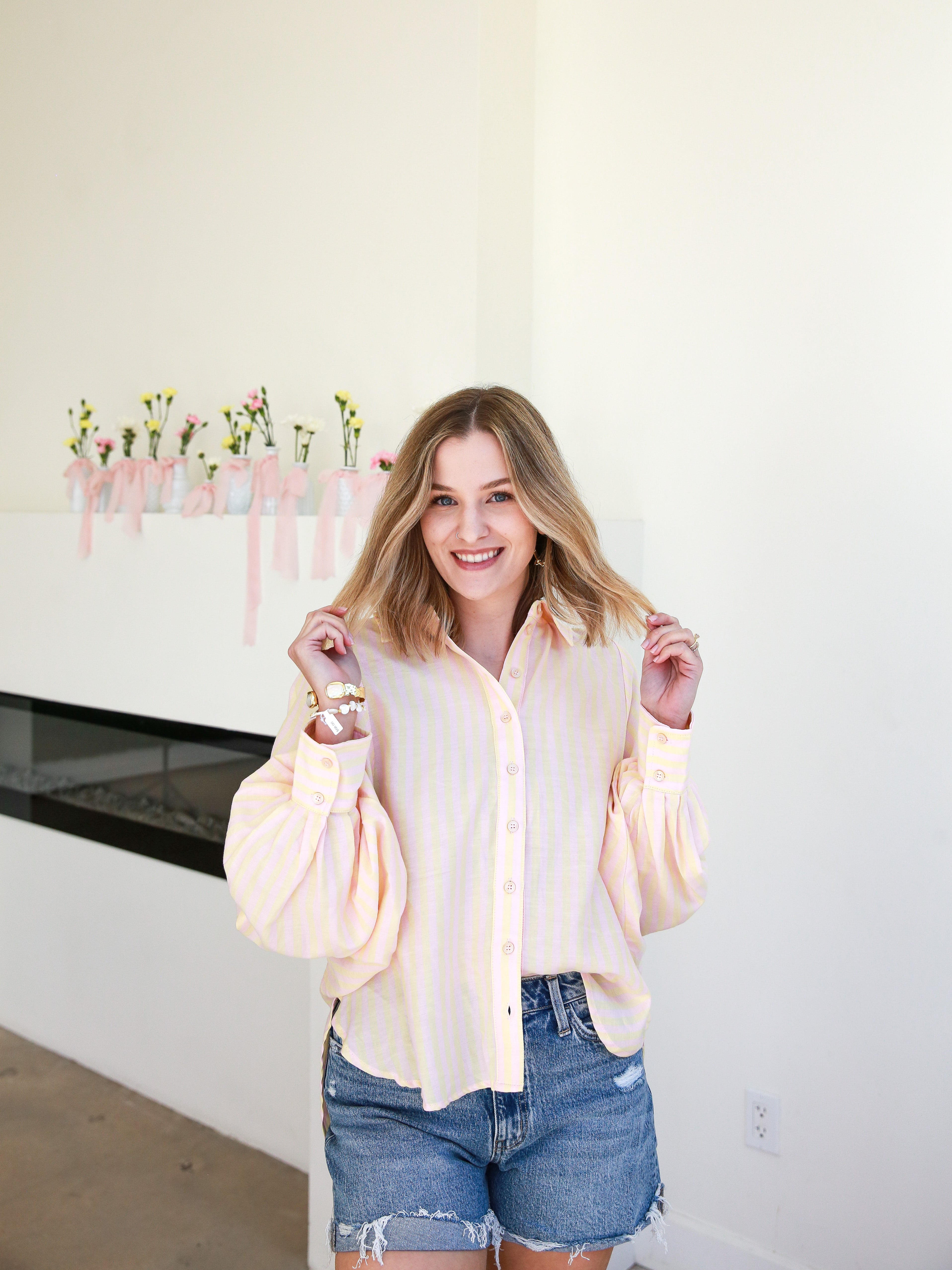 Pastel Stripe Button Down - Yellow Combo-200 Fashion Blouses-&MERCI-July & June Women's Fashion Boutique Located in San Antonio, Texas