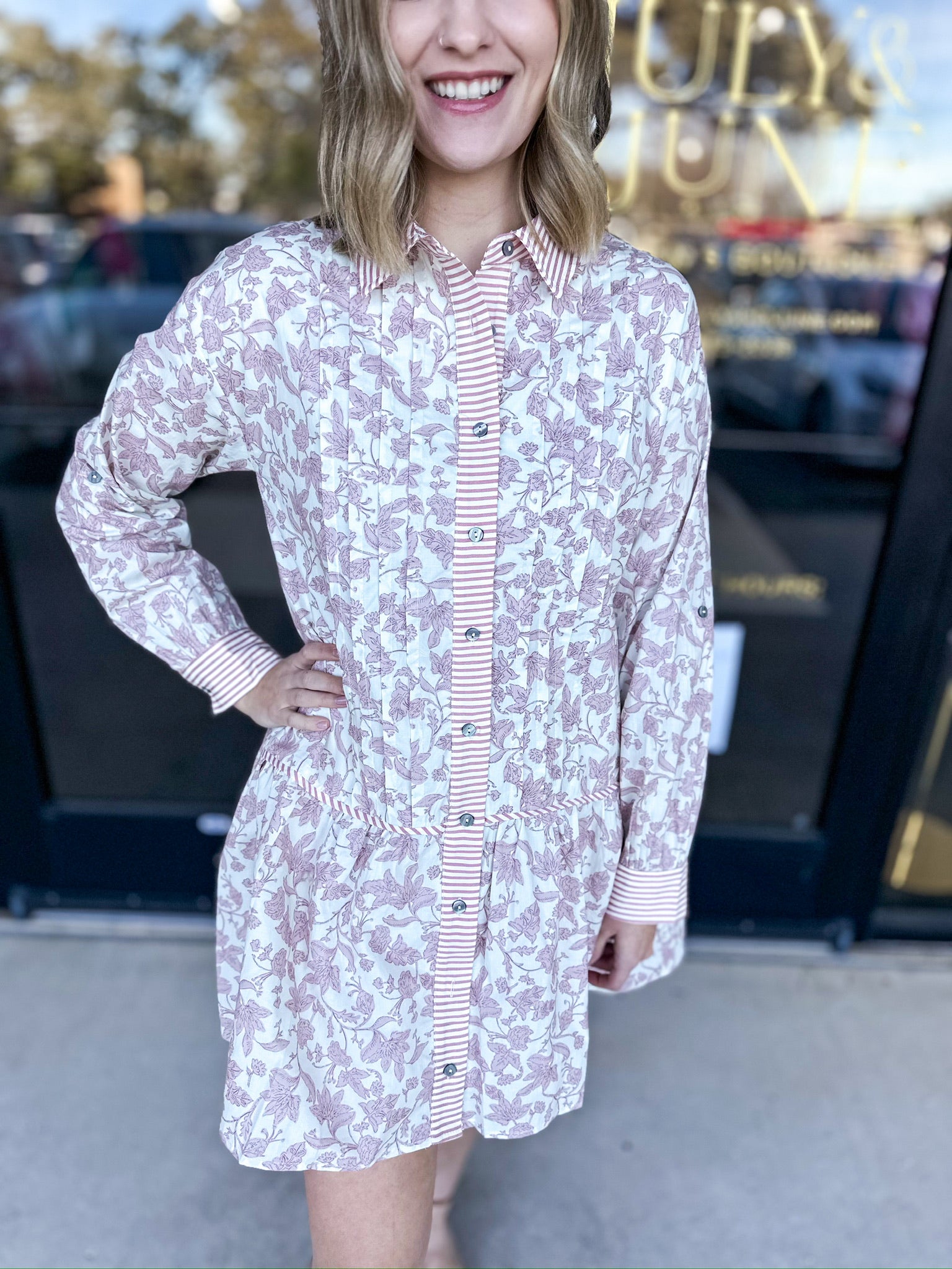 Cream & Pink Floral Mini Dress-510 Mini-ENTRO-July & June Women's Fashion Boutique Located in San Antonio, Texas