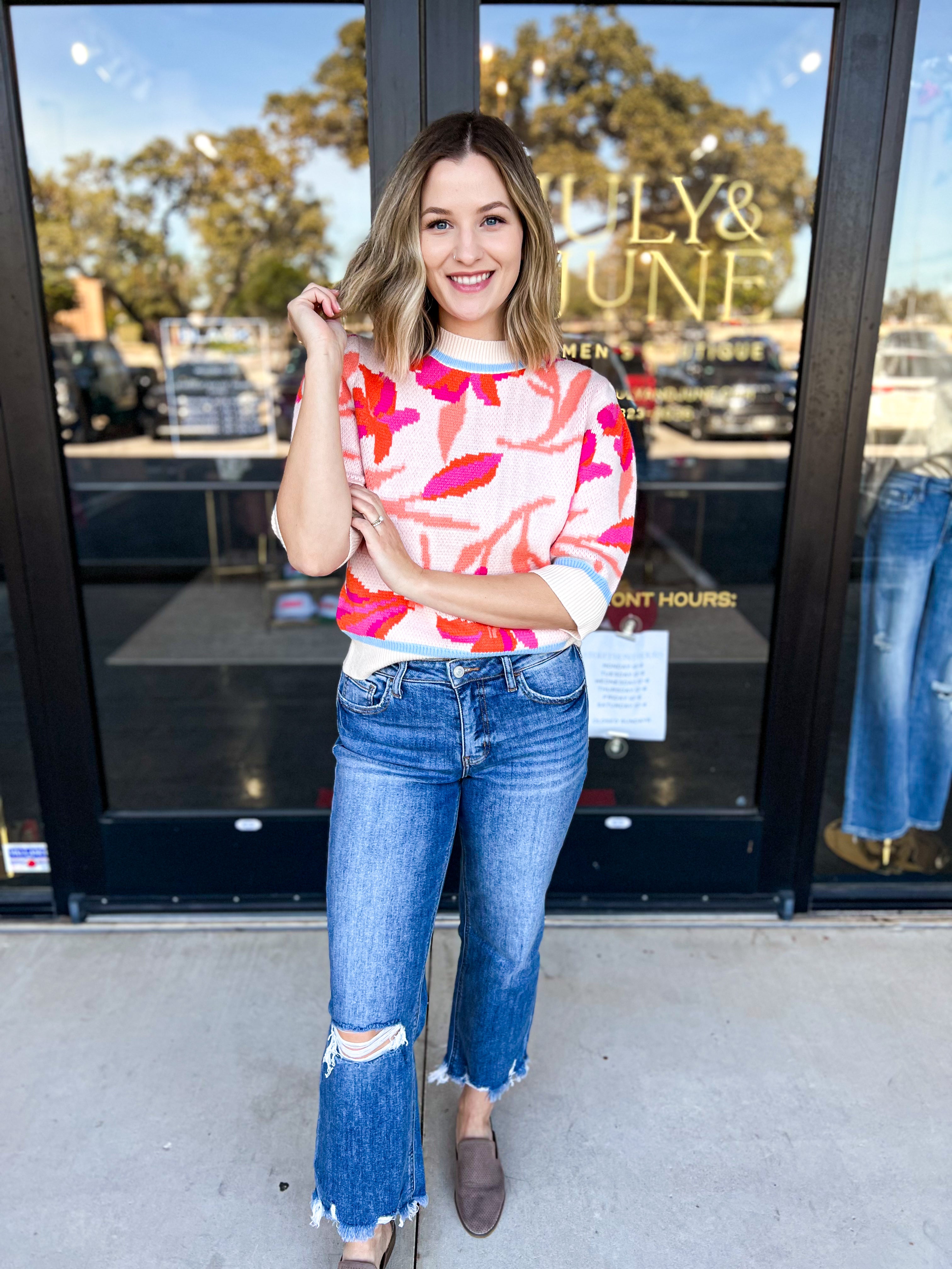 THML - Floral Fun Short Sleeve Sweater Top-230 Sweaters/Cardis-THML-July & June Women's Fashion Boutique Located in San Antonio, Texas