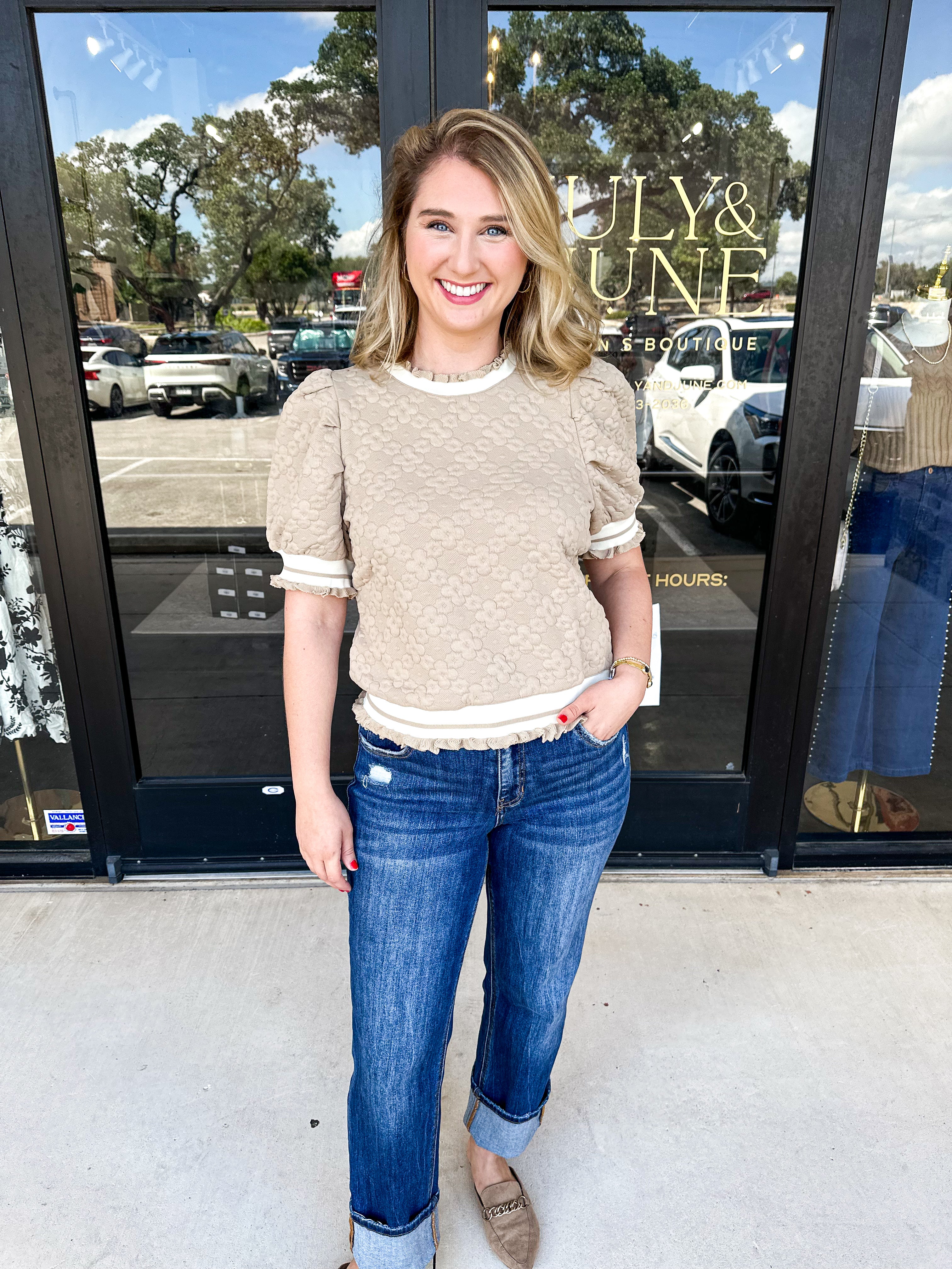 Taupe Varsity Tee-200 Fashion Blouses-ENTRO-July & June Women's Fashion Boutique Located in San Antonio, Texas