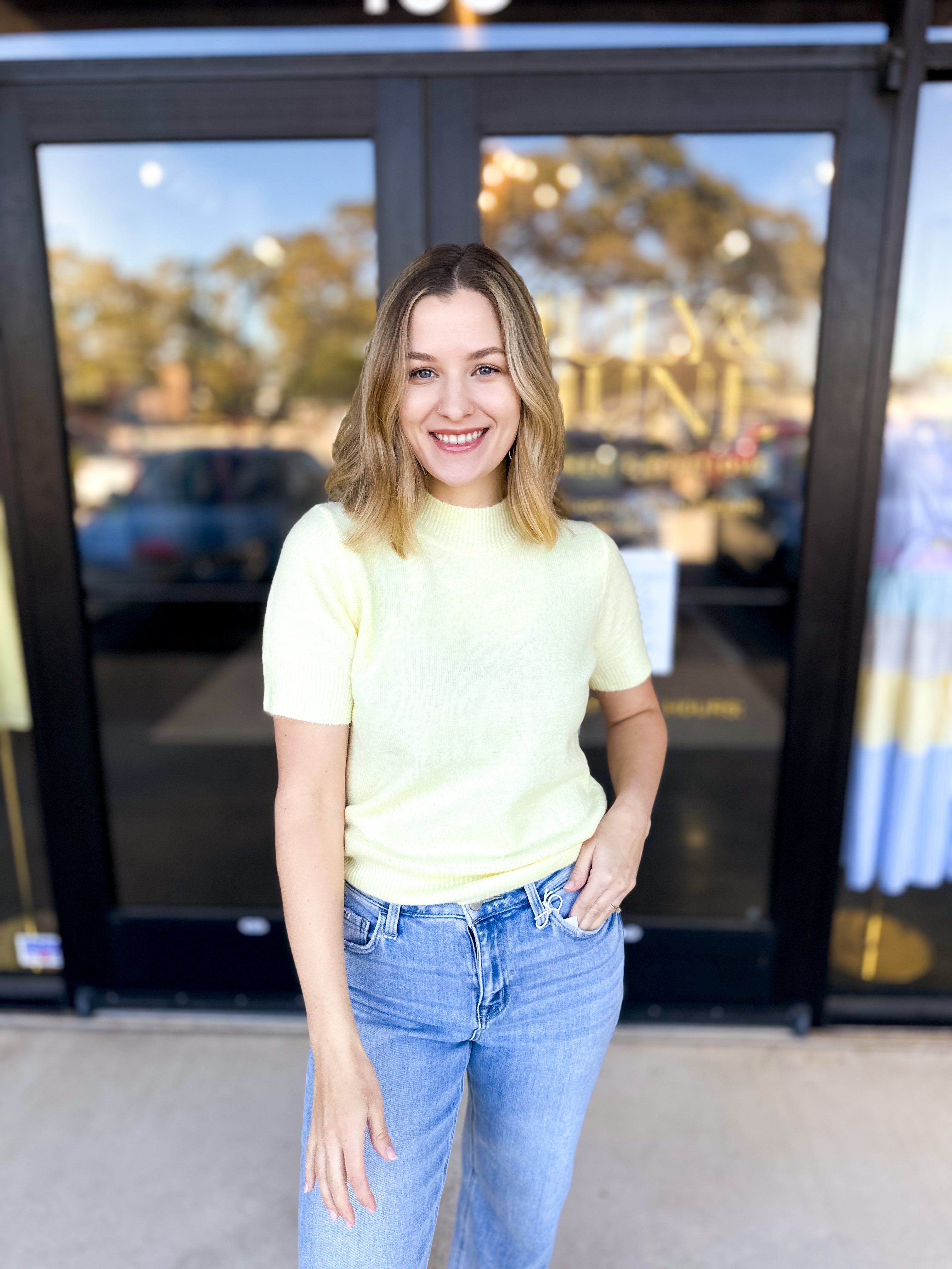 A Pastel Affair Knit Tee - Yellow-230 Sweaters/Cardis-PINCH-July & June Women's Fashion Boutique Located in San Antonio, Texas