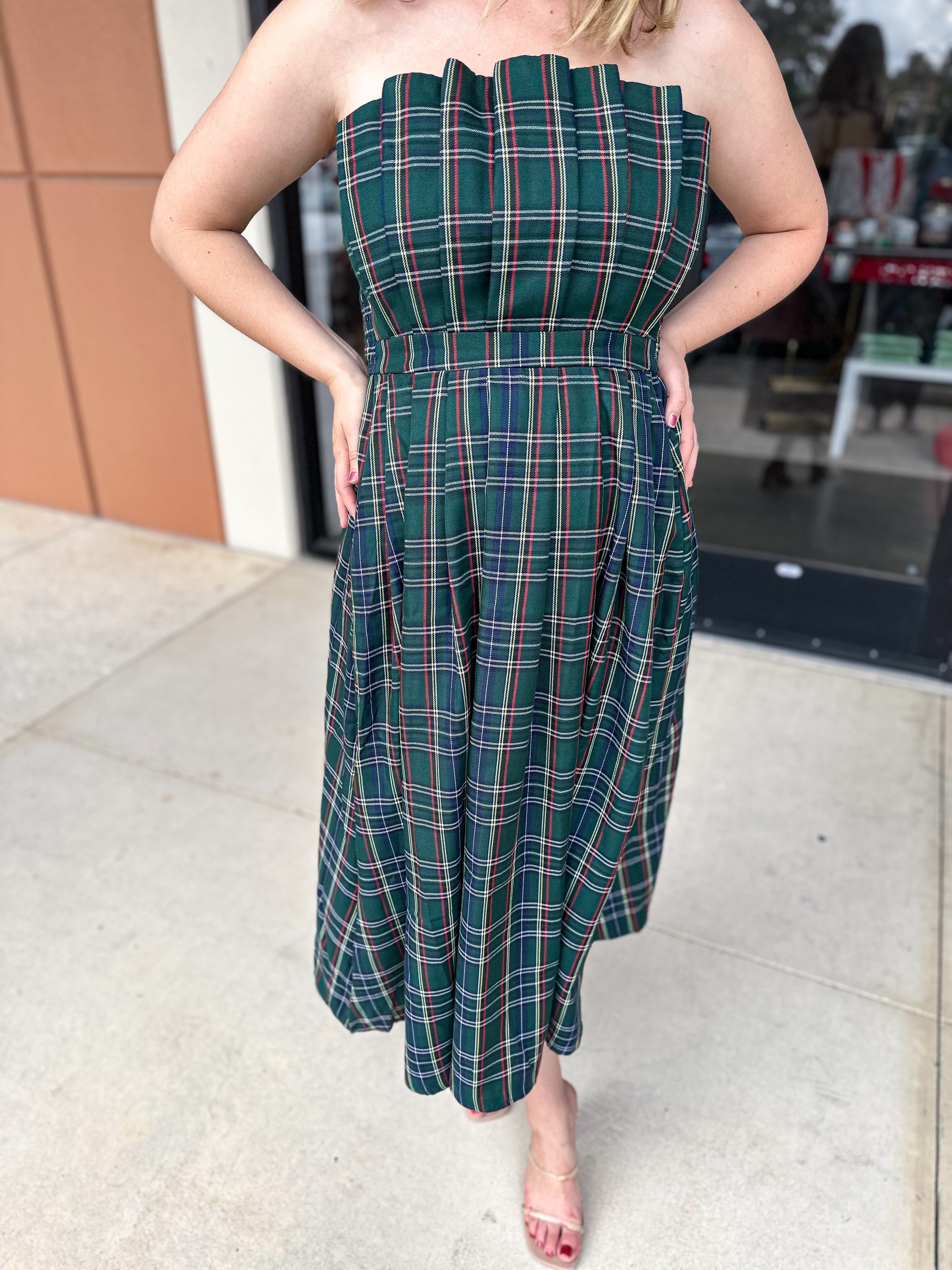 Festive Plaid Midi Dress - Green-500 Midi-ENTRO-July & June Women's Fashion Boutique Located in San Antonio, Texas