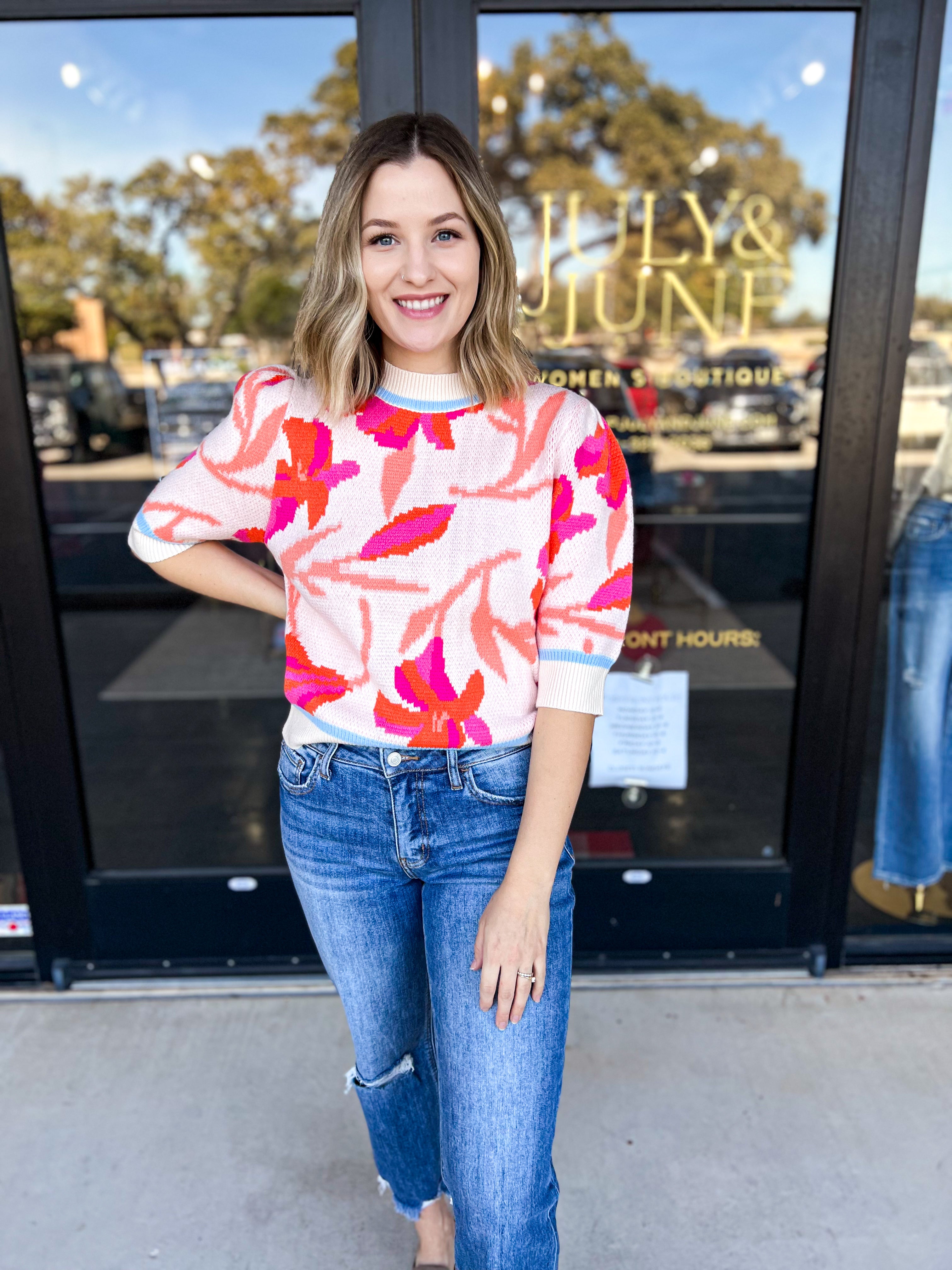 THML - Floral Fun Short Sleeve Sweater Top-230 Sweaters/Cardis-THML-July & June Women's Fashion Boutique Located in San Antonio, Texas