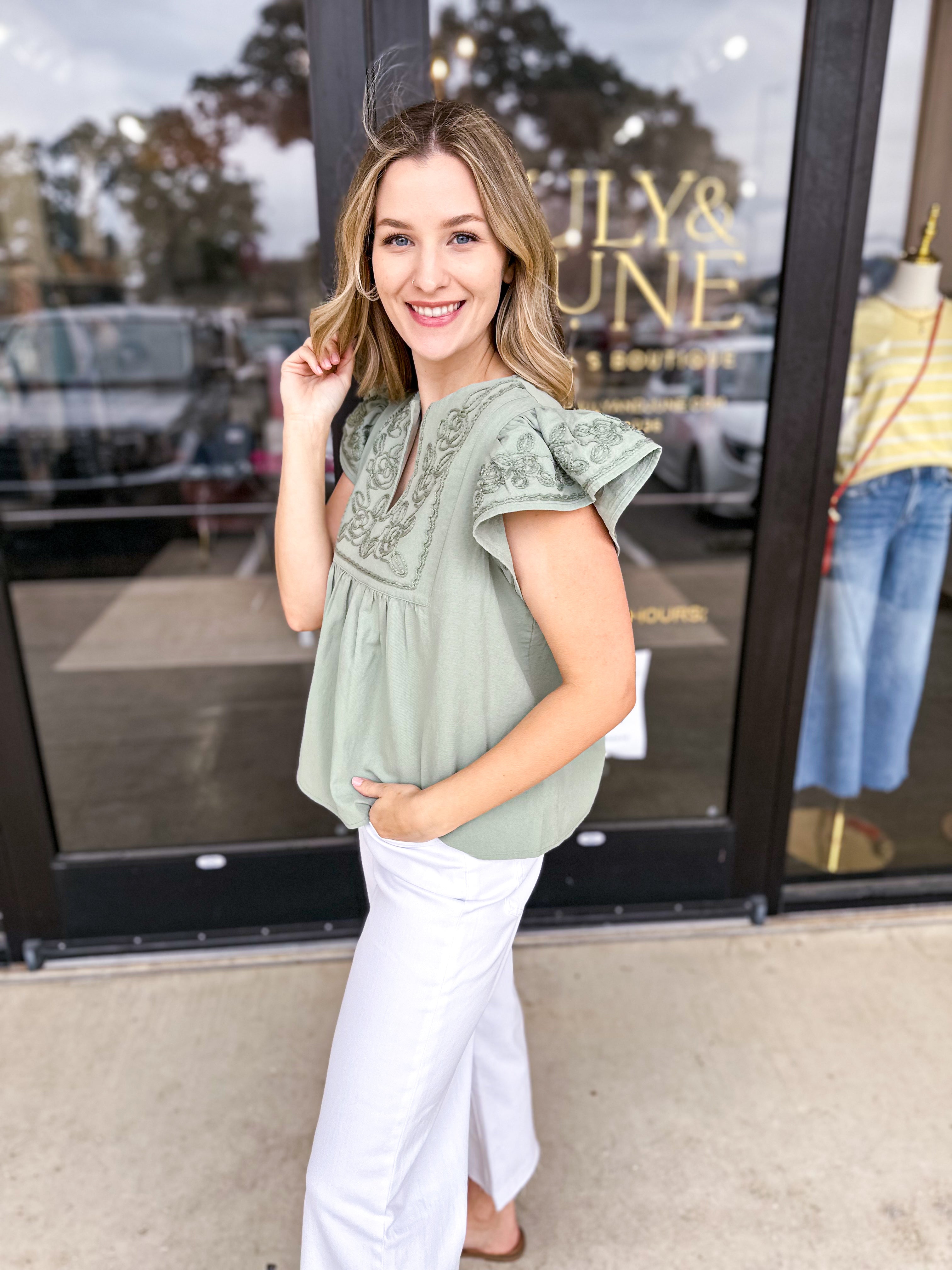 The Magnolia Embroidered Blouse - Seafoam-200 Fashion Blouses-ENTRO-July & June Women's Fashion Boutique Located in San Antonio, Texas