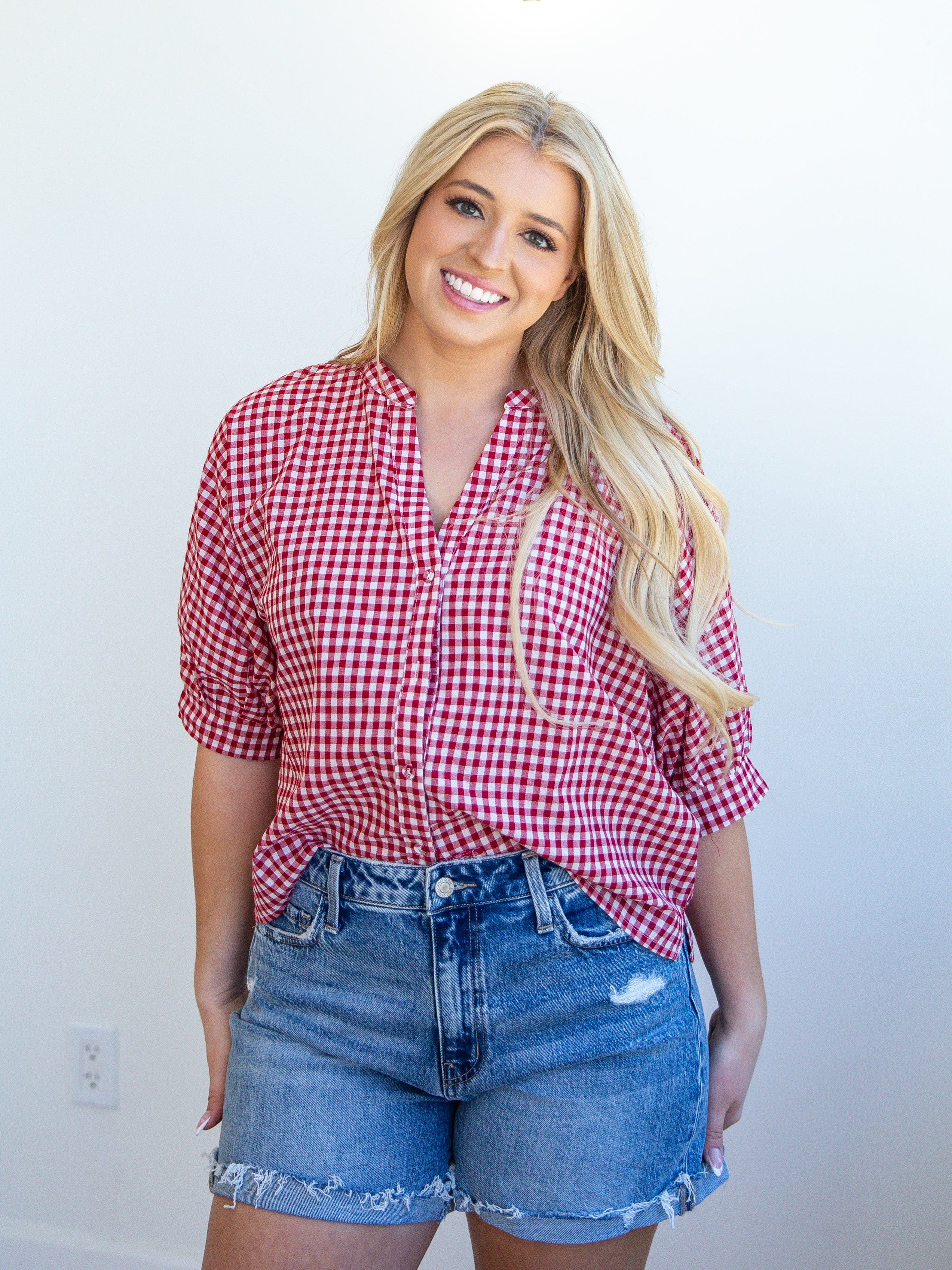 Gingham Sweetheart Blouse - Red-200 Fashion Blouses-ALLIE ROSE-July & June Women's Fashion Boutique Located in San Antonio, Texas