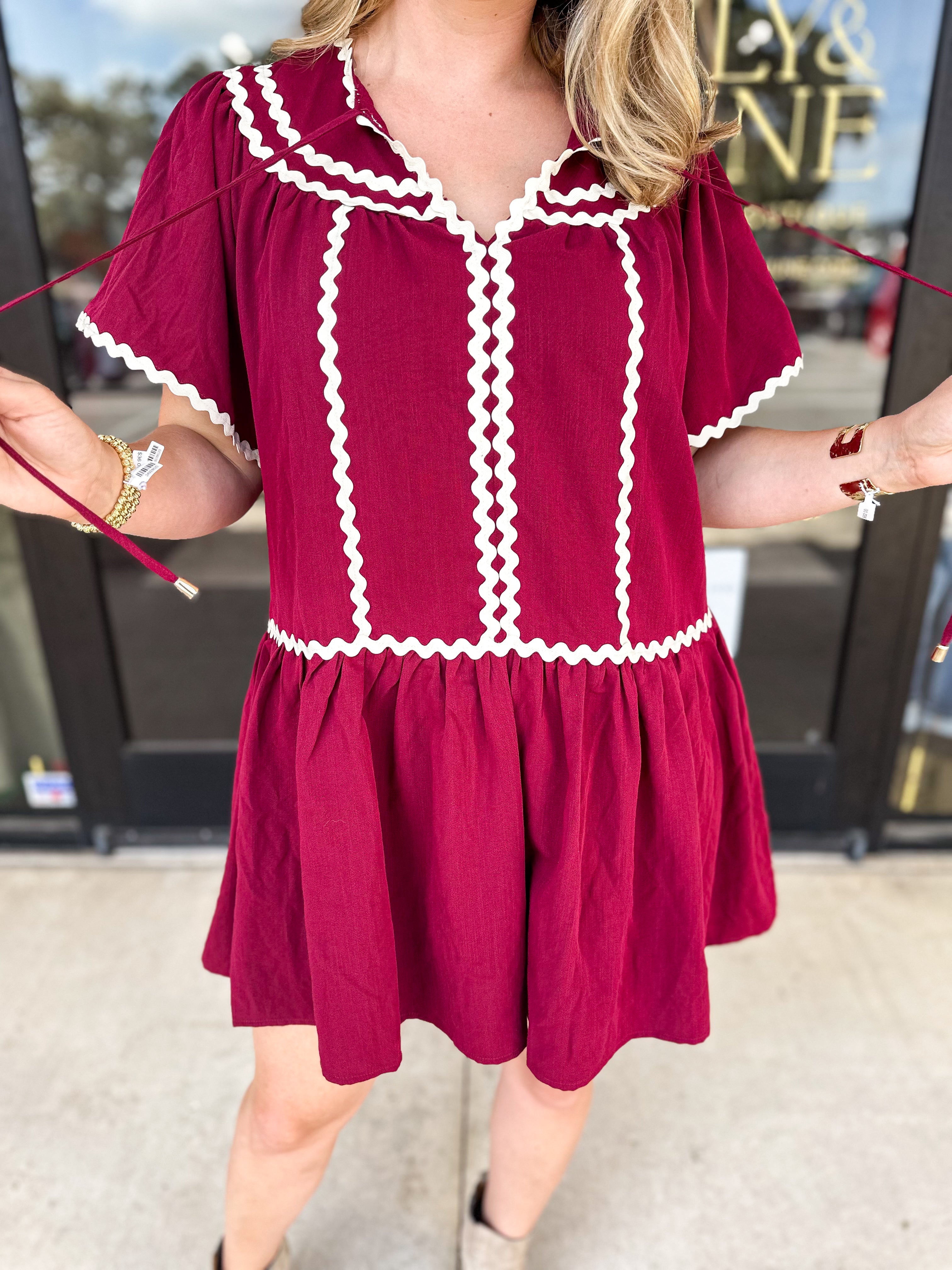 Ric Rac Mini Dress - Burgundy-510 Mini-ENTRO-July & June Women's Fashion Boutique Located in San Antonio, Texas
