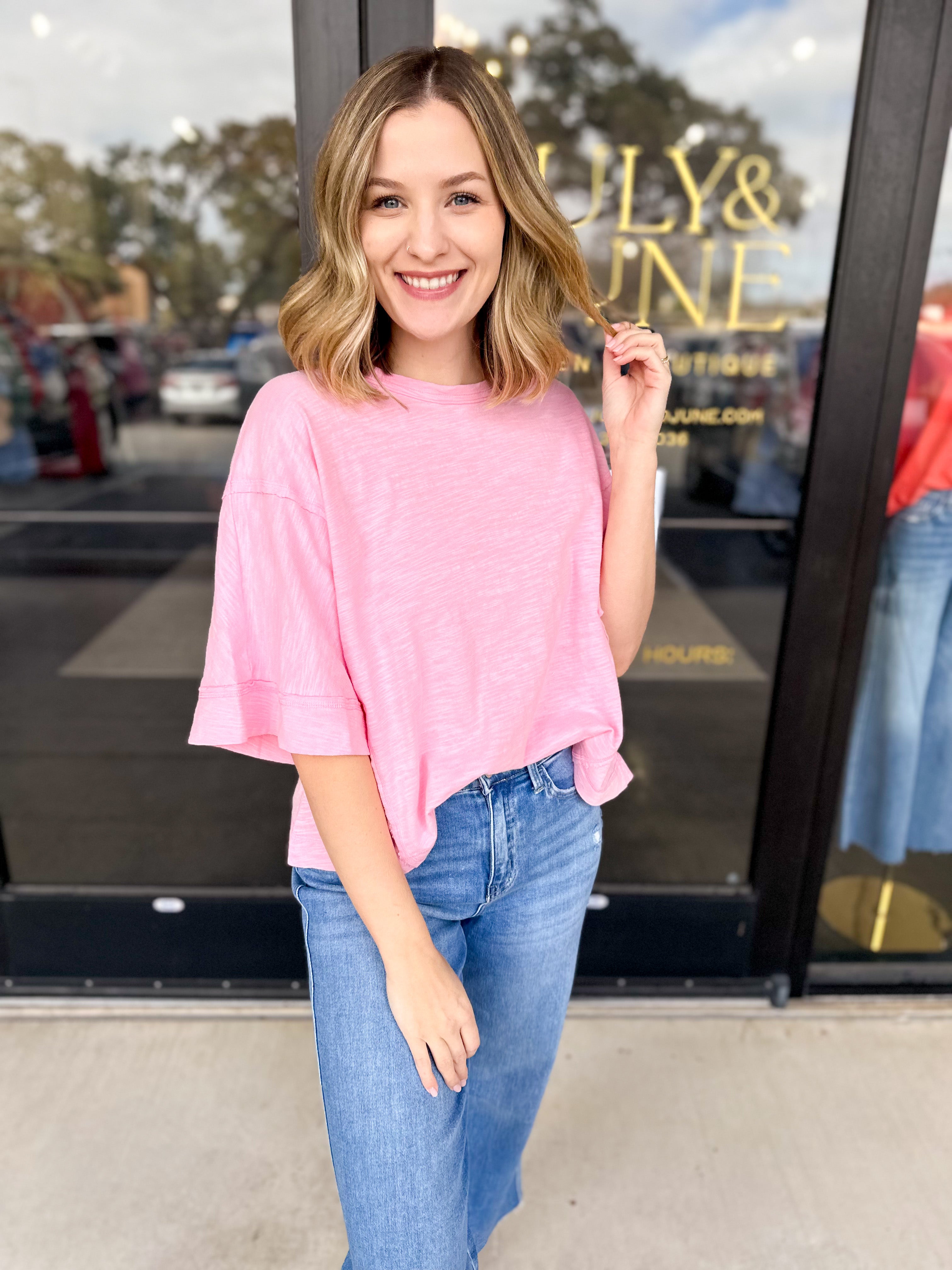 Oversized Casual Tee - Pink-210 Casual Blouses-JODIFL-July & June Women's Fashion Boutique Located in San Antonio, Texas