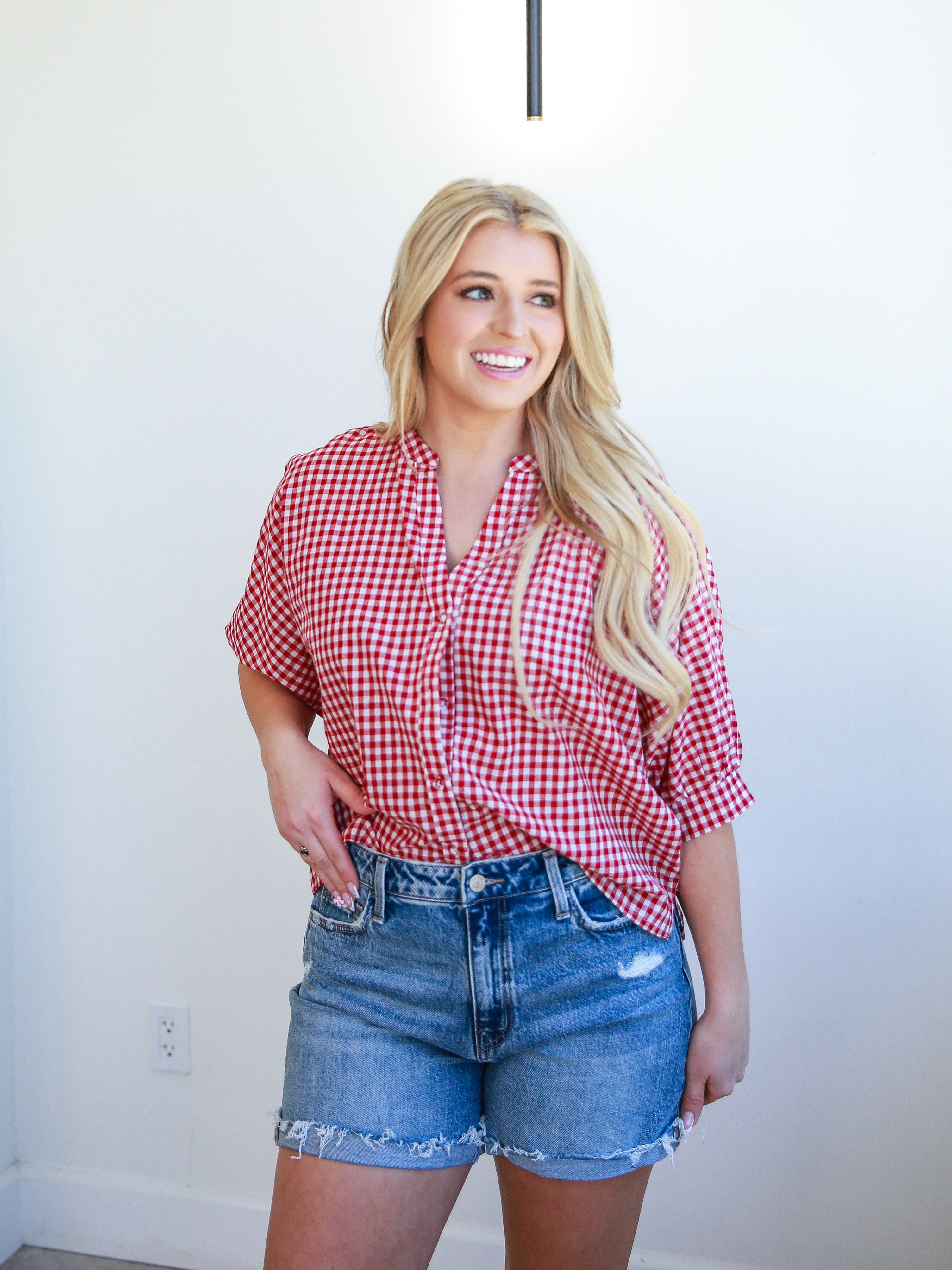 Gingham Sweetheart Blouse - Red-200 Fashion Blouses-ALLIE ROSE-July & June Women's Fashion Boutique Located in San Antonio, Texas