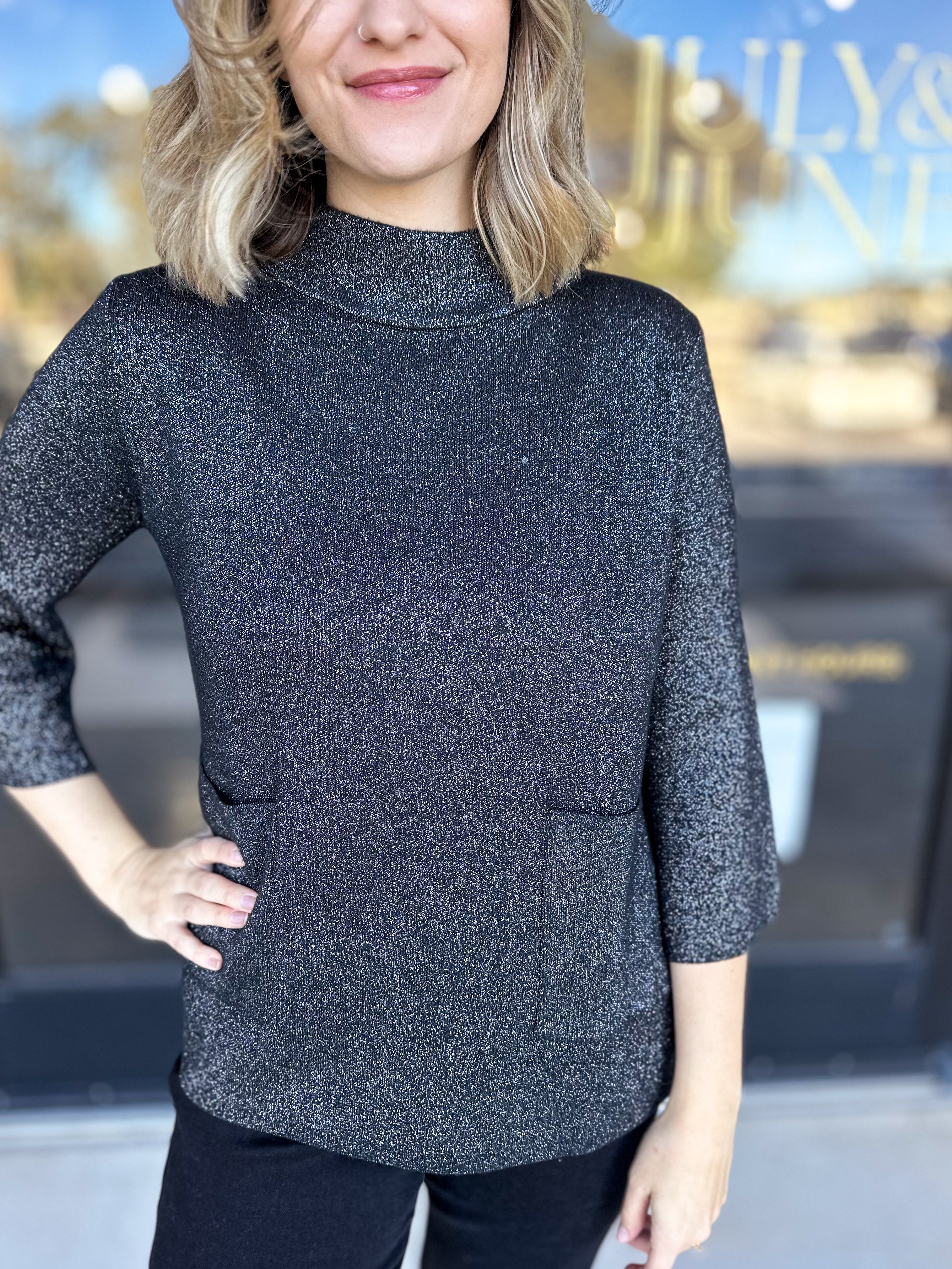 Sparkle Mock Neck Sweater-Black-230 Sweaters/Cardis-FATE-July & June Women's Fashion Boutique Located in San Antonio, Texas