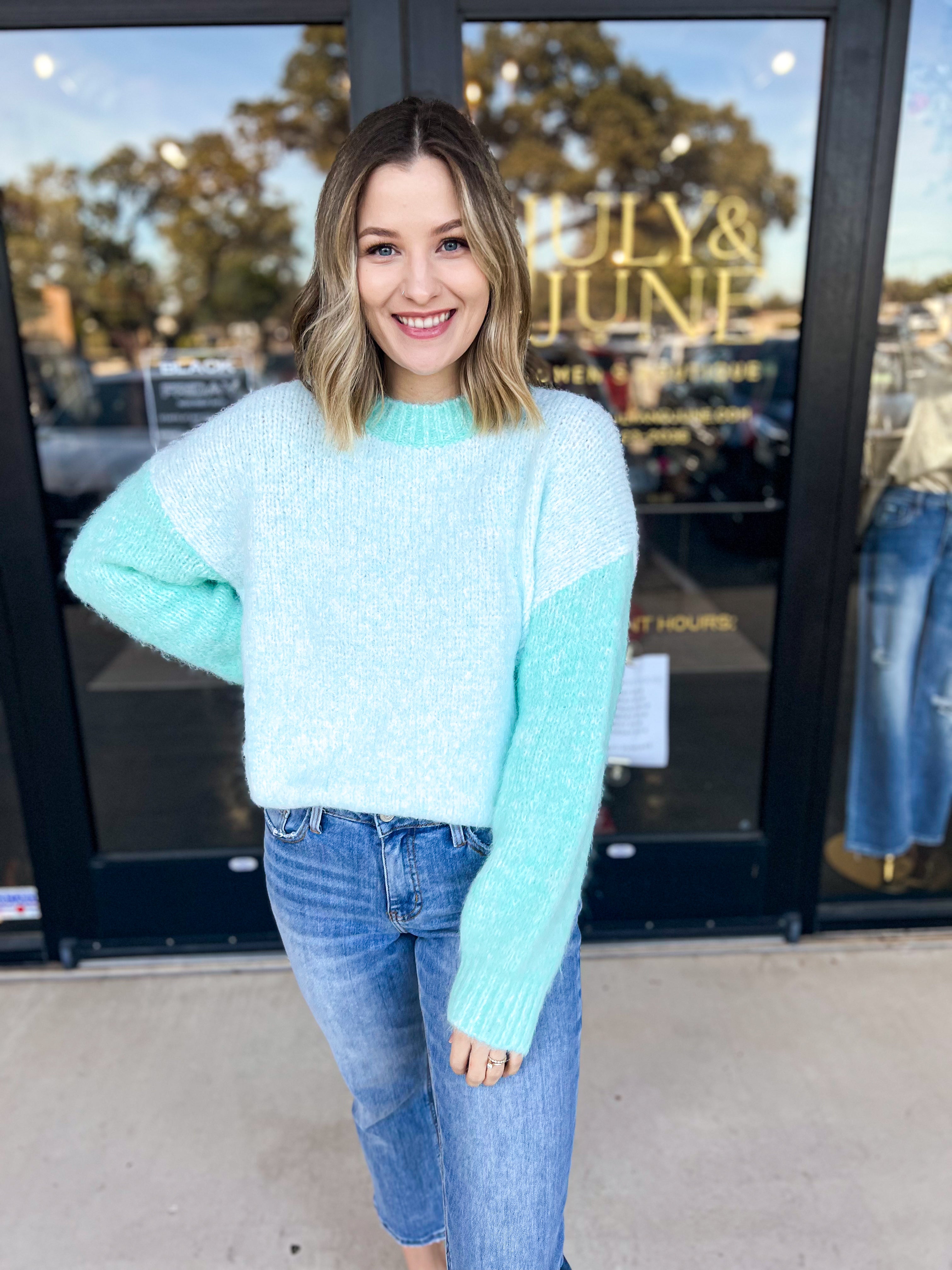 Contrast Blue Fuzzy Sweater Top-PINCH-July & June Women's Fashion Boutique Located in San Antonio, Texas