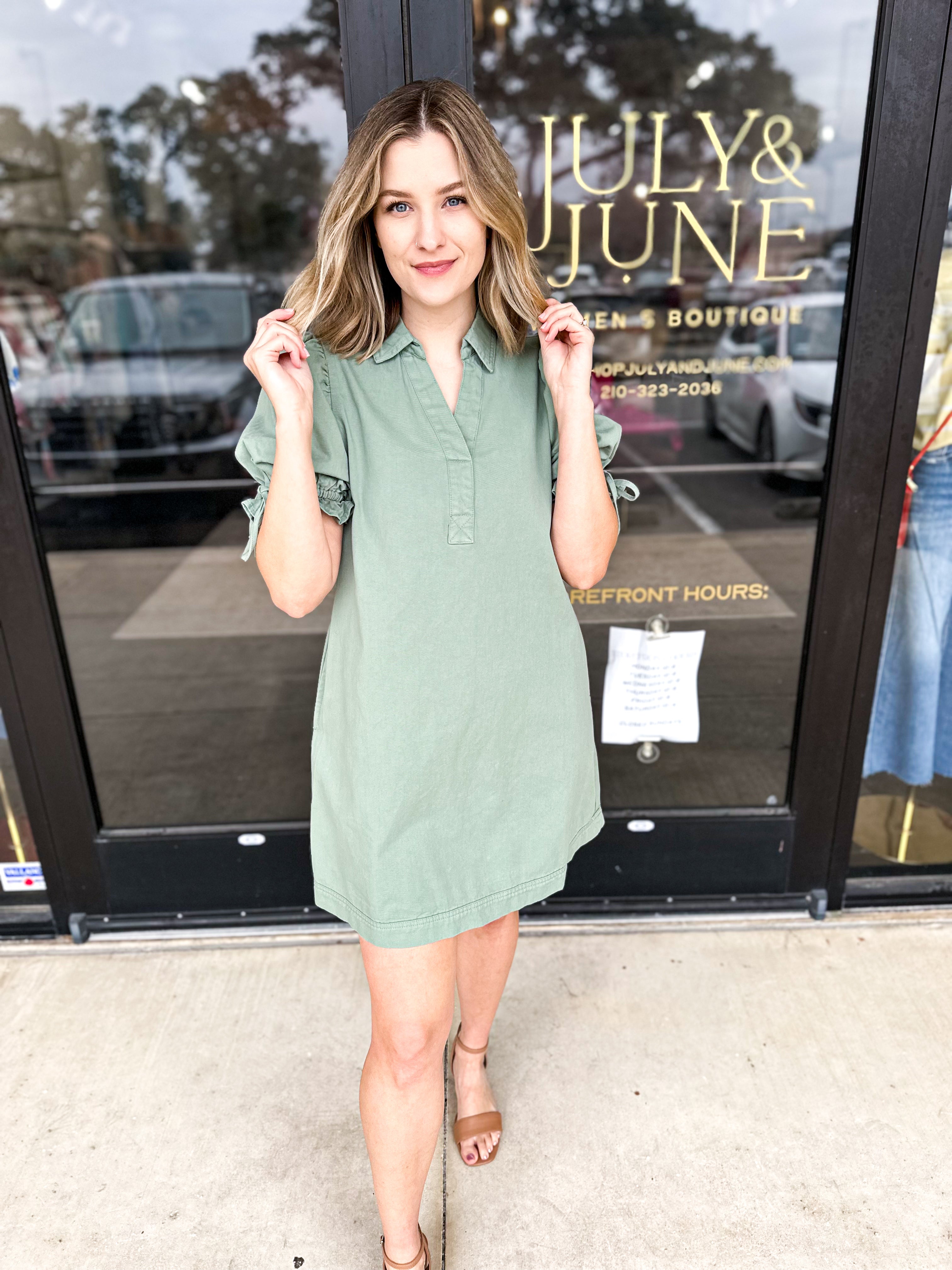 Denim Chic Mini Dress - Sage-510 Mini-ENTRO-July & June Women's Fashion Boutique Located in San Antonio, Texas