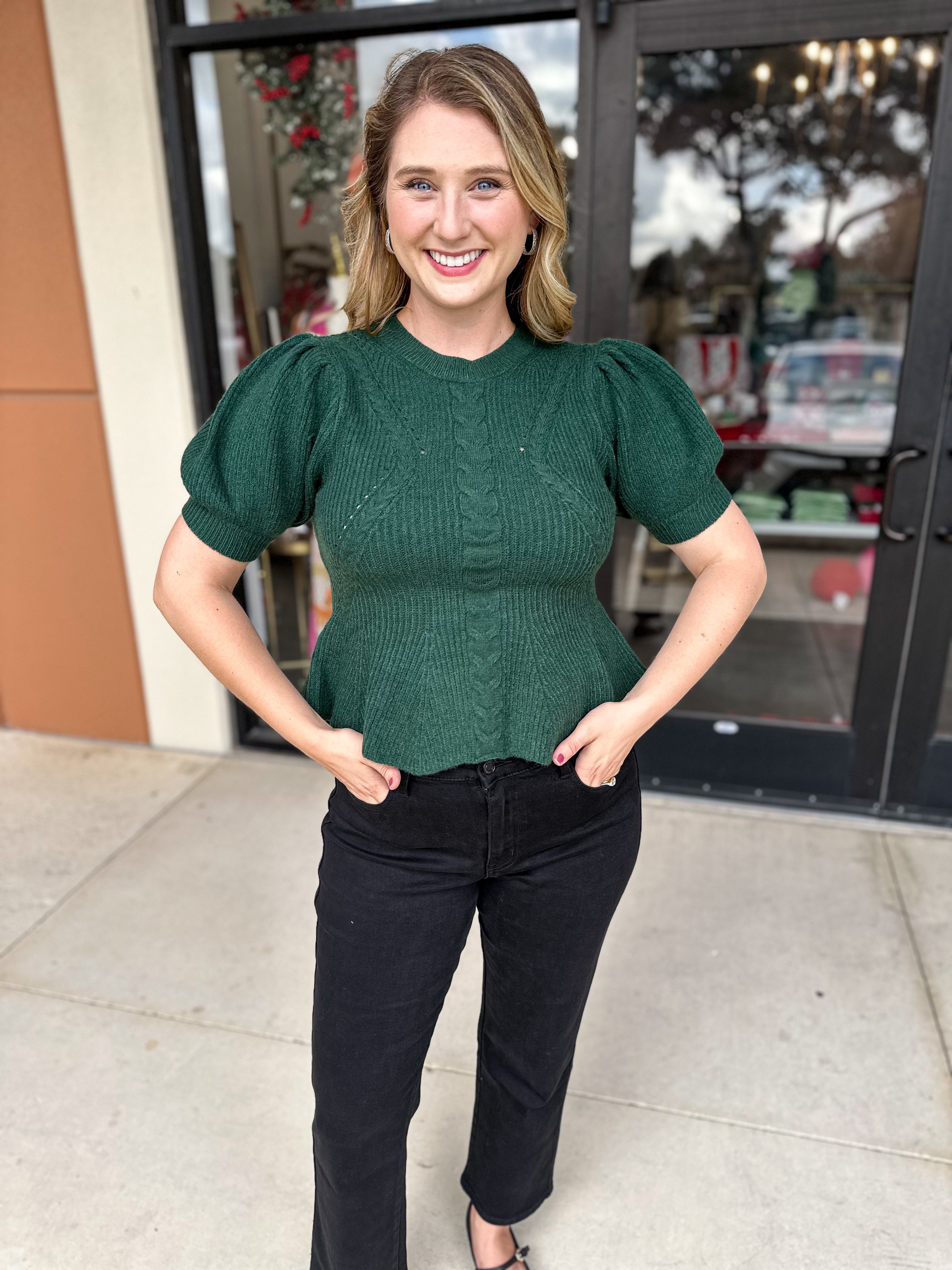 Peplum Sweater Top - Pine-230 Sweaters/Cardis-ENTRO-July & June Women's Fashion Boutique Located in San Antonio, Texas