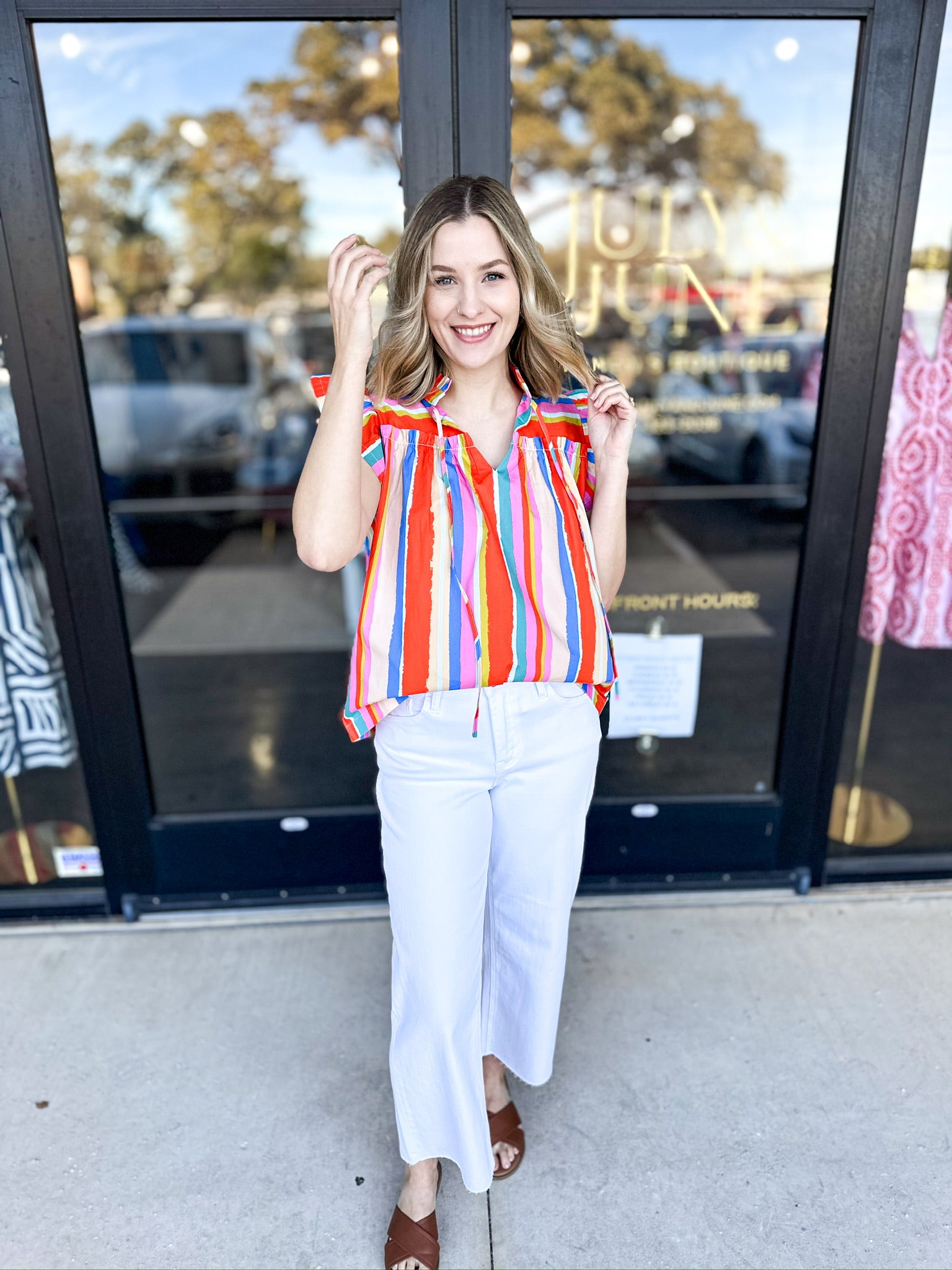 Orange Multi Flutter Sleeve Blouse-200 Fashion Blouses-FATE-July & June Women's Fashion Boutique Located in San Antonio, Texas