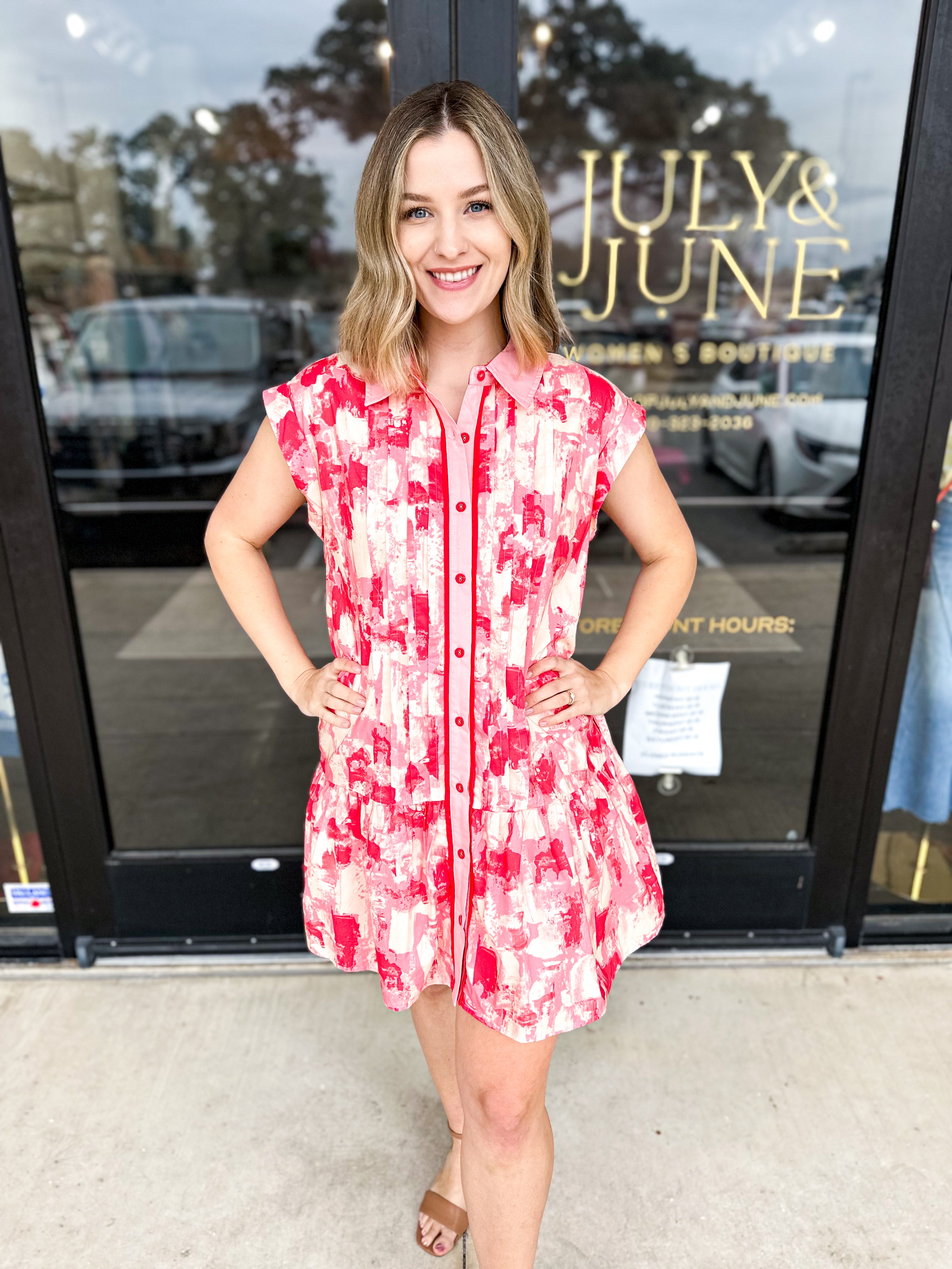 Watercolor Shift Dress - Pink & Red Combo-510 Mini-ENTRO-July & June Women's Fashion Boutique Located in San Antonio, Texas