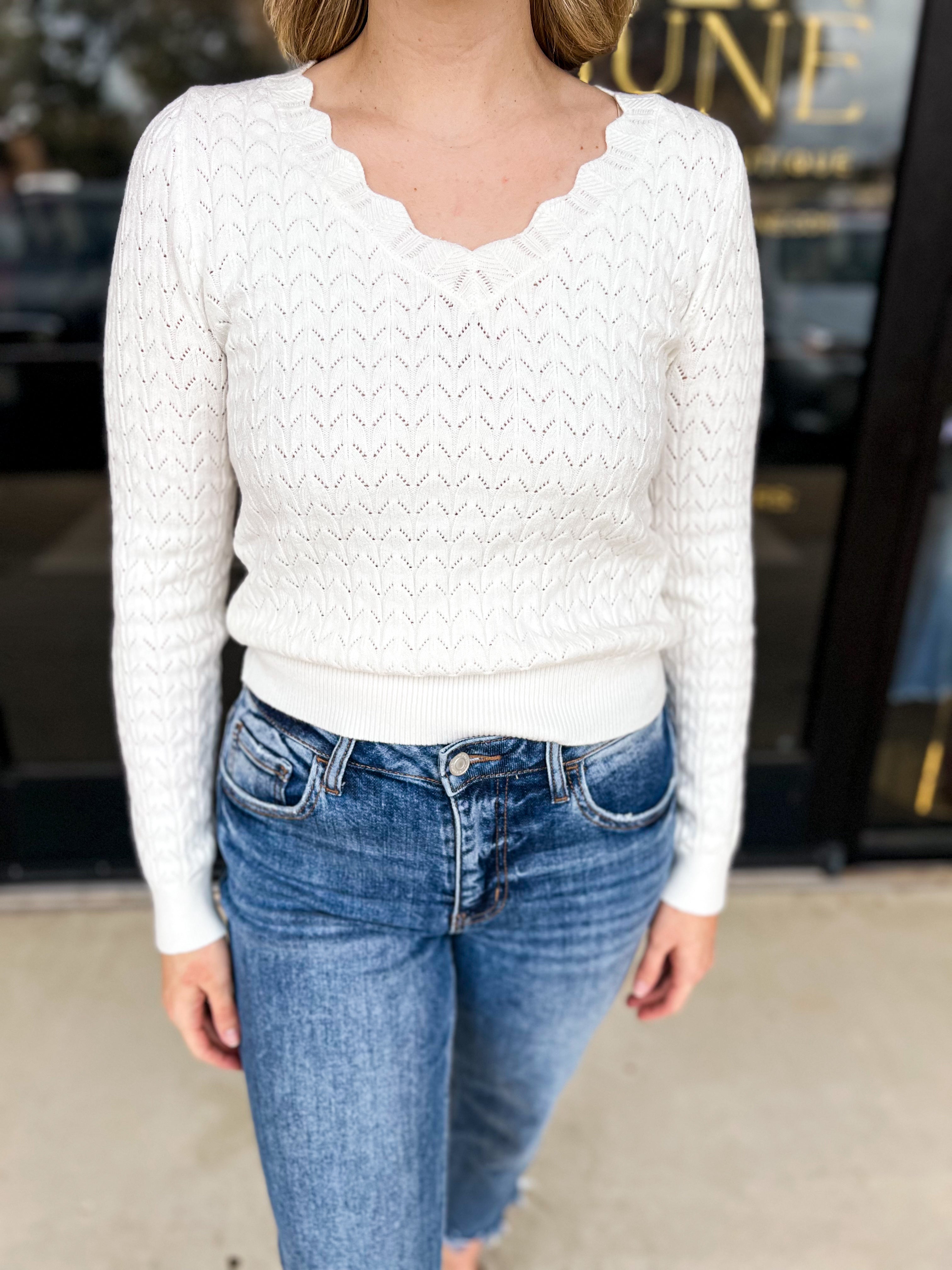 Cream Scalloped Lightweight Sweater Top-230 Sweaters/Cardis-ALLIE ROSE-July & June Women's Fashion Boutique Located in San Antonio, Texas