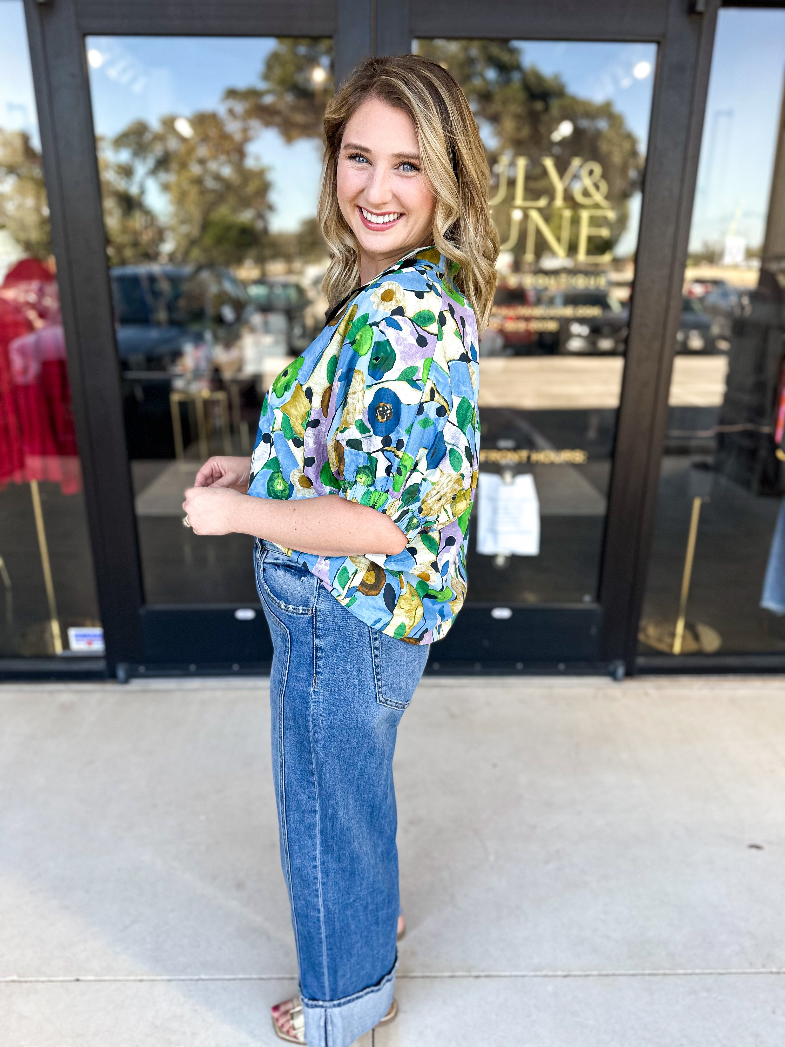 Blue Contrast Detail Blouse-200 Fashion Blouses-ENTRO-July & June Women's Fashion Boutique Located in San Antonio, Texas