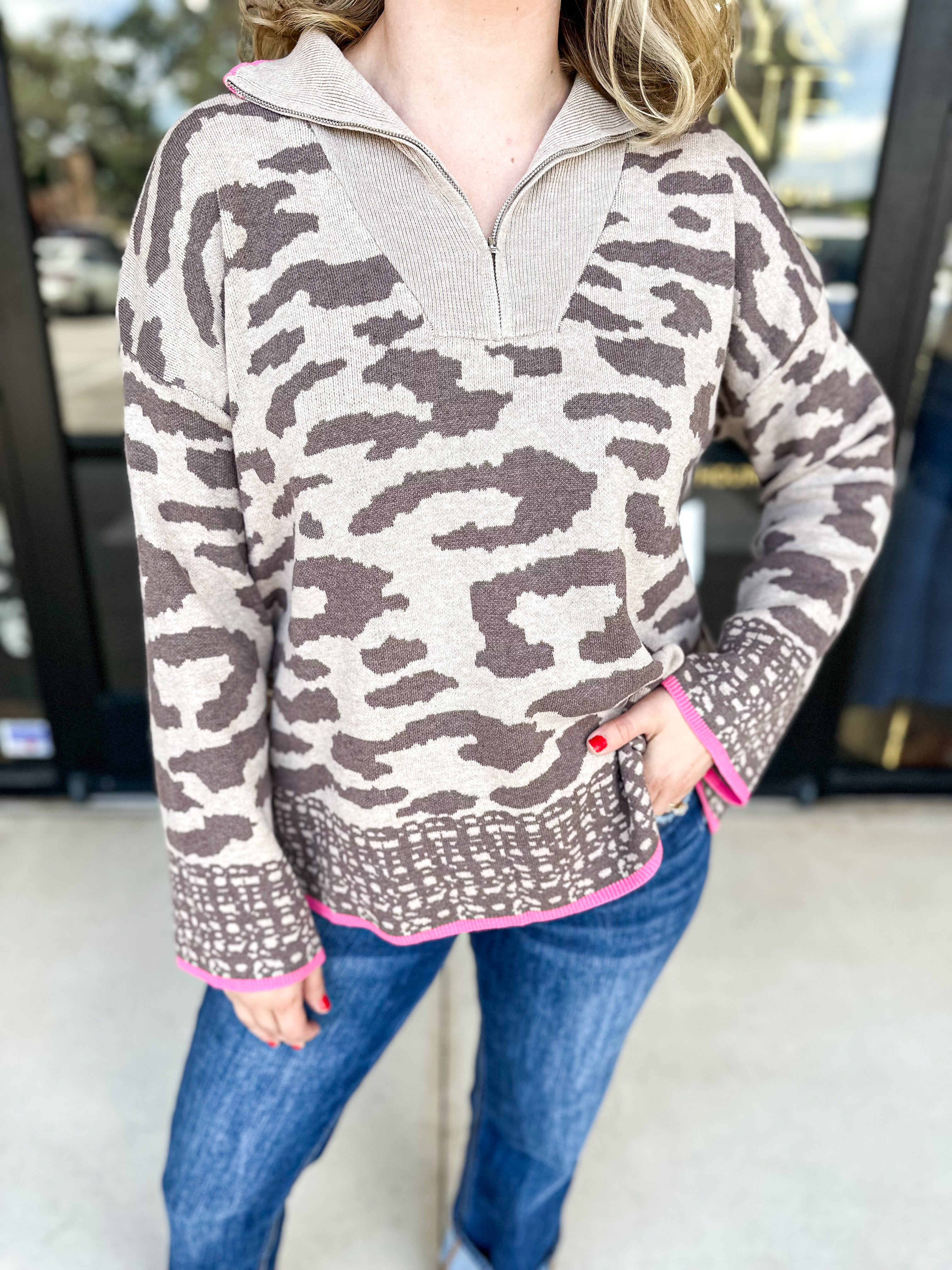 Neutral Leopard Half Zip Pullover-230 Sweaters/Cardis-FATE-July & June Women's Fashion Boutique Located in San Antonio, Texas