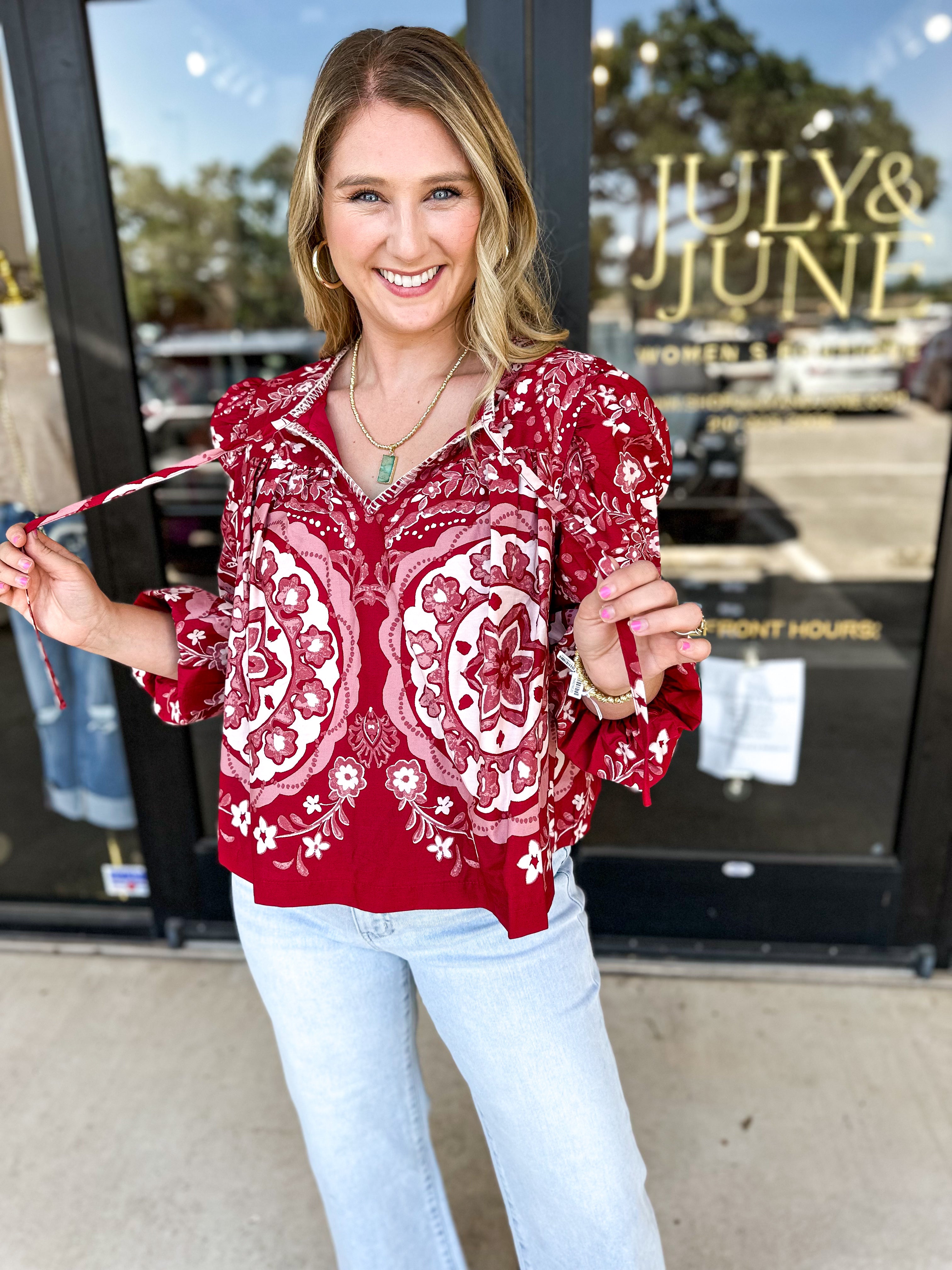 Wine Medallion Blouse-200 Fashion Blouses-&MERCI-July & June Women's Fashion Boutique Located in San Antonio, Texas