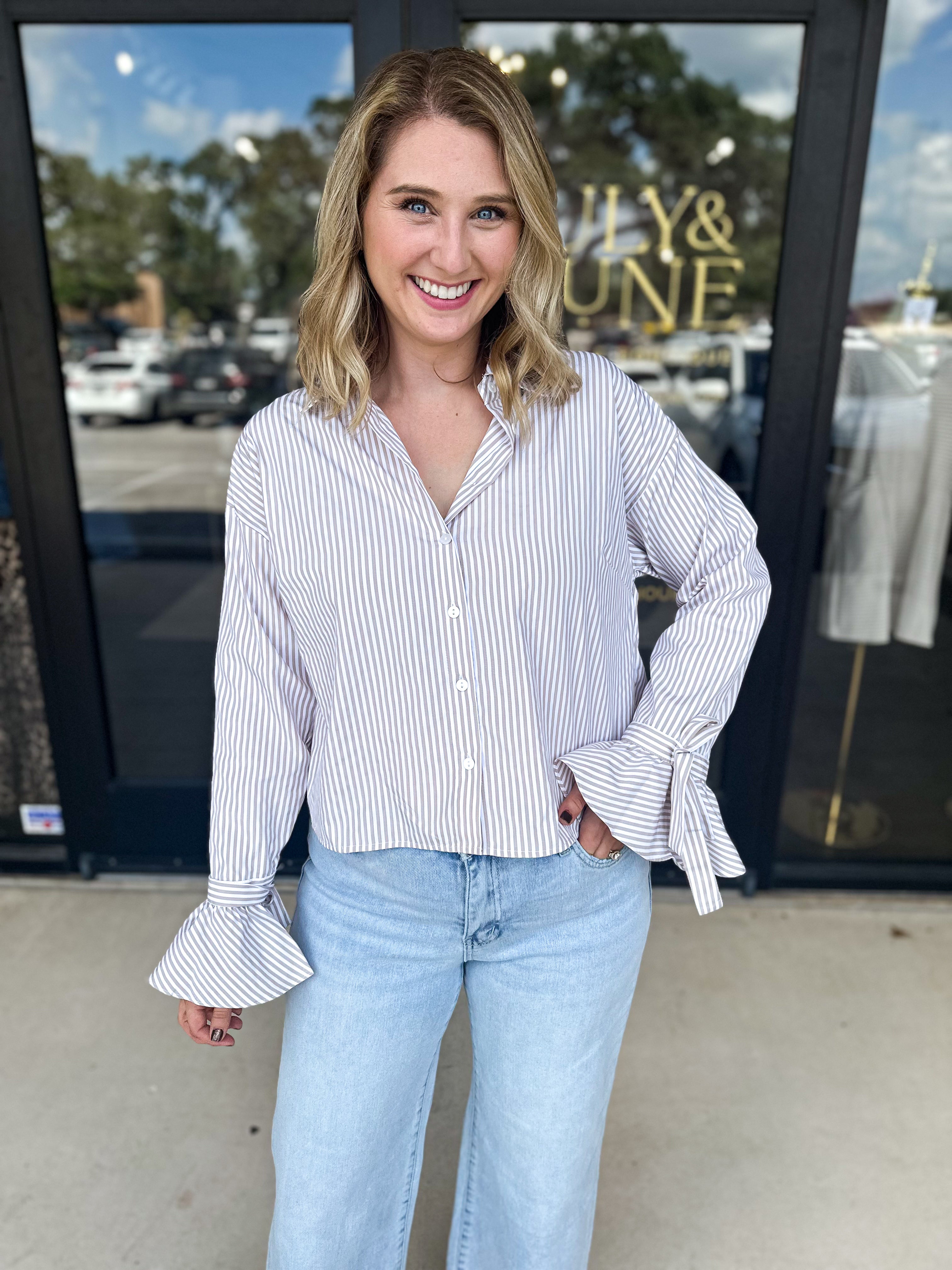 Peplum Sleeve Striped Blouse-200 Fashion Blouses-ABLE-July & June Women's Fashion Boutique Located in San Antonio, Texas