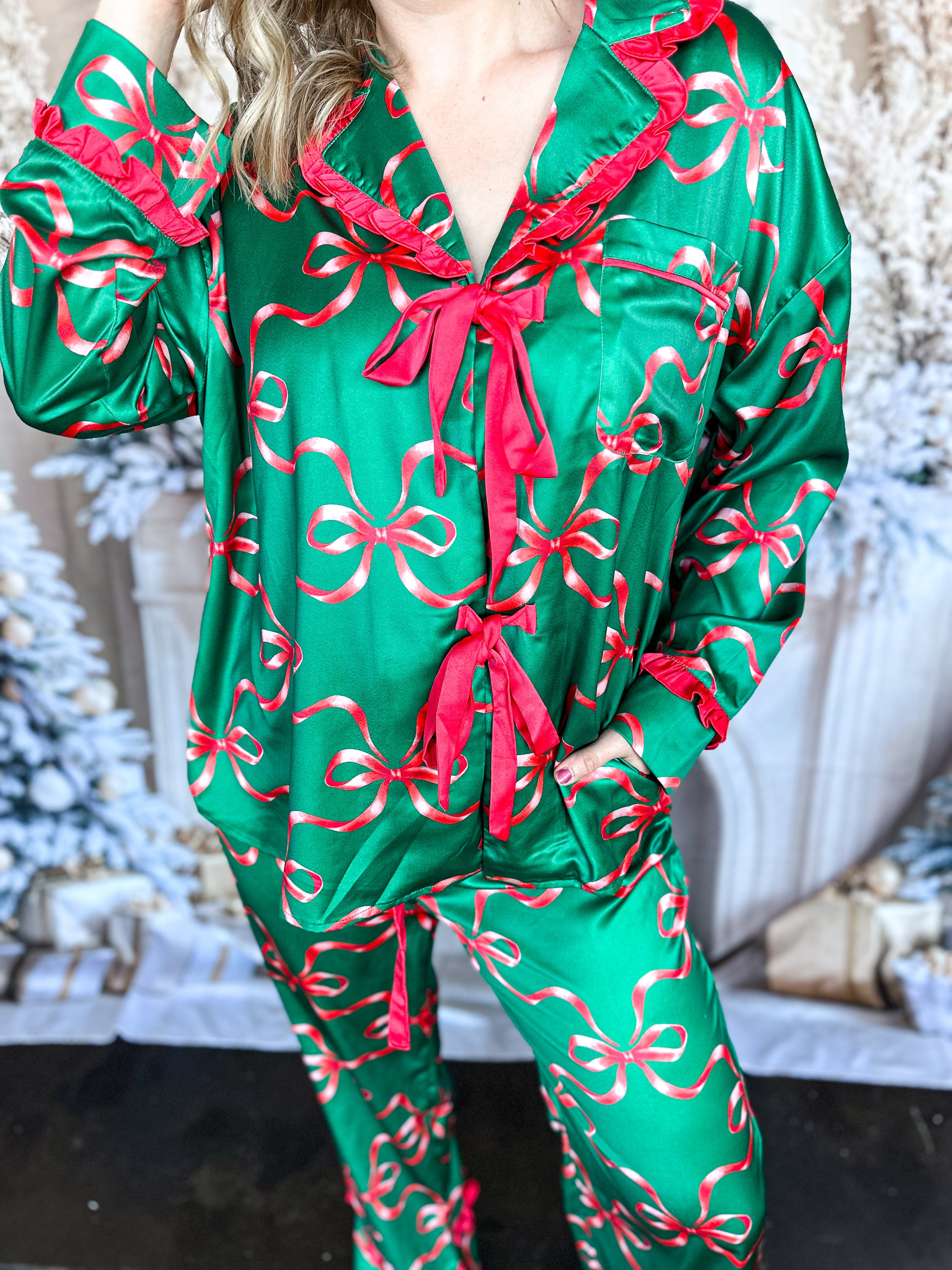 Red Bow PJ Pant Set-300 Athleisure/Lounge-FANTASTIC FAWN-July & June Women's Fashion Boutique Located in San Antonio, Texas