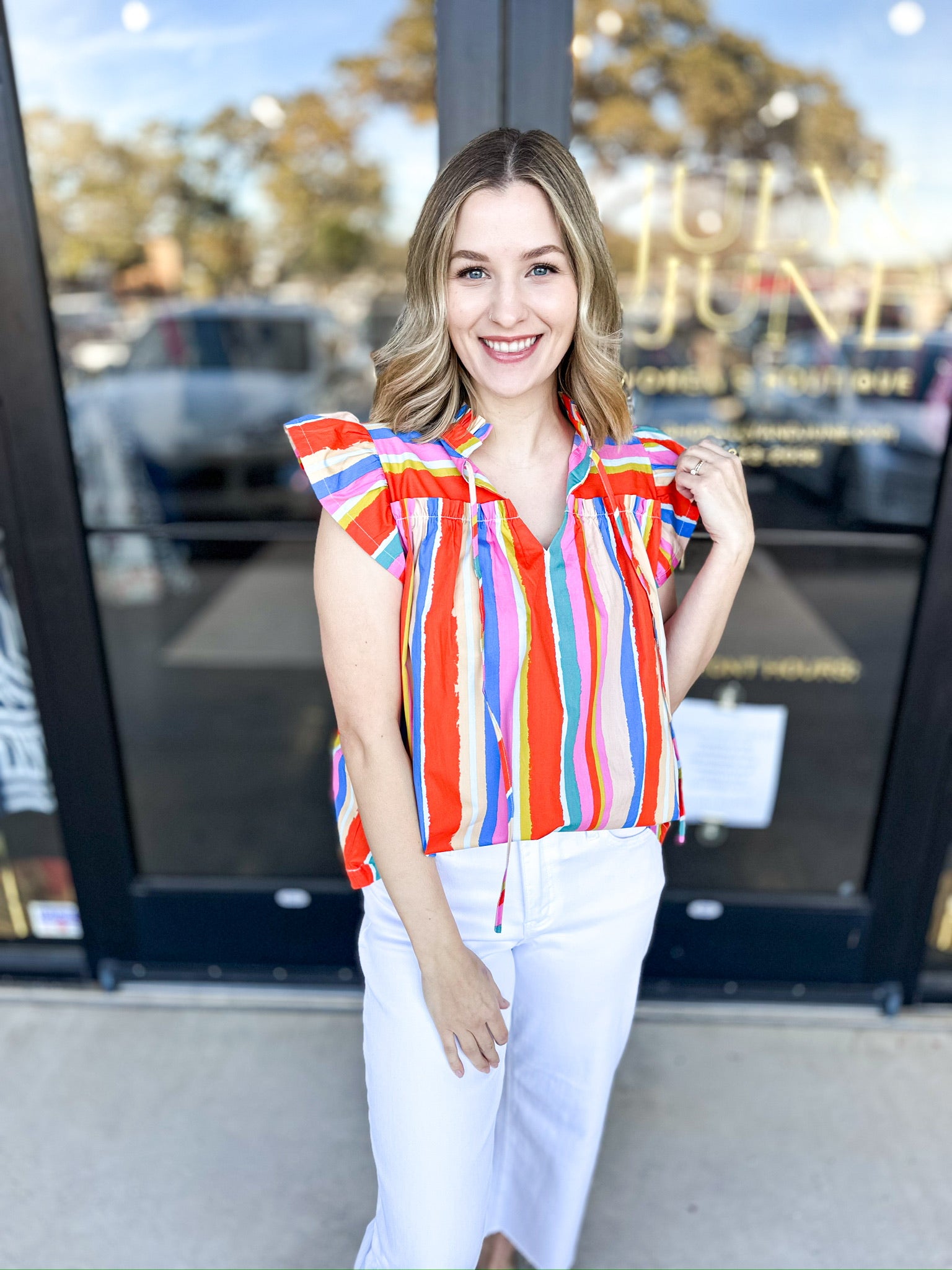 Orange Multi Flutter Sleeve Blouse-200 Fashion Blouses-FATE-July & June Women's Fashion Boutique Located in San Antonio, Texas