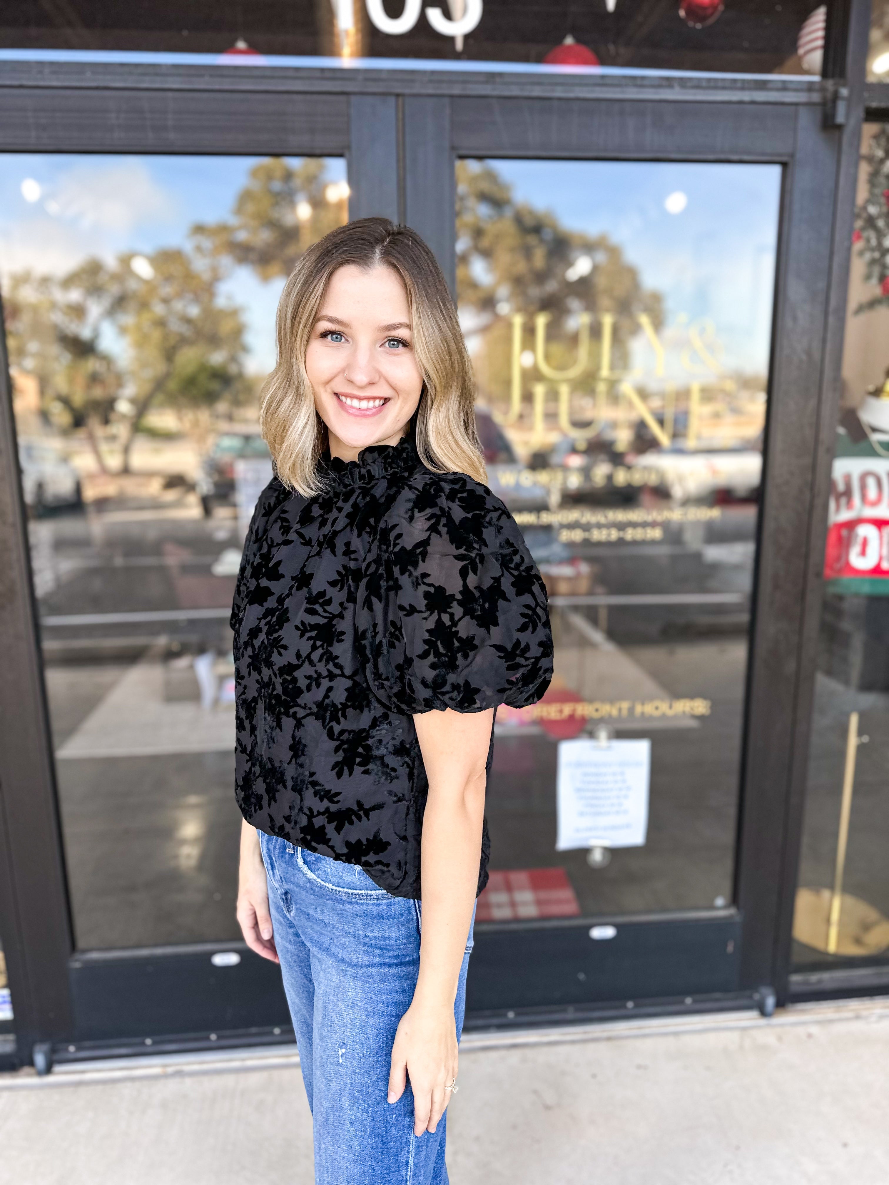 THML-Velvet Floral Winter Blouse-Black-200 Fashion Blouses-THML-July & June Women's Fashion Boutique Located in San Antonio, Texas