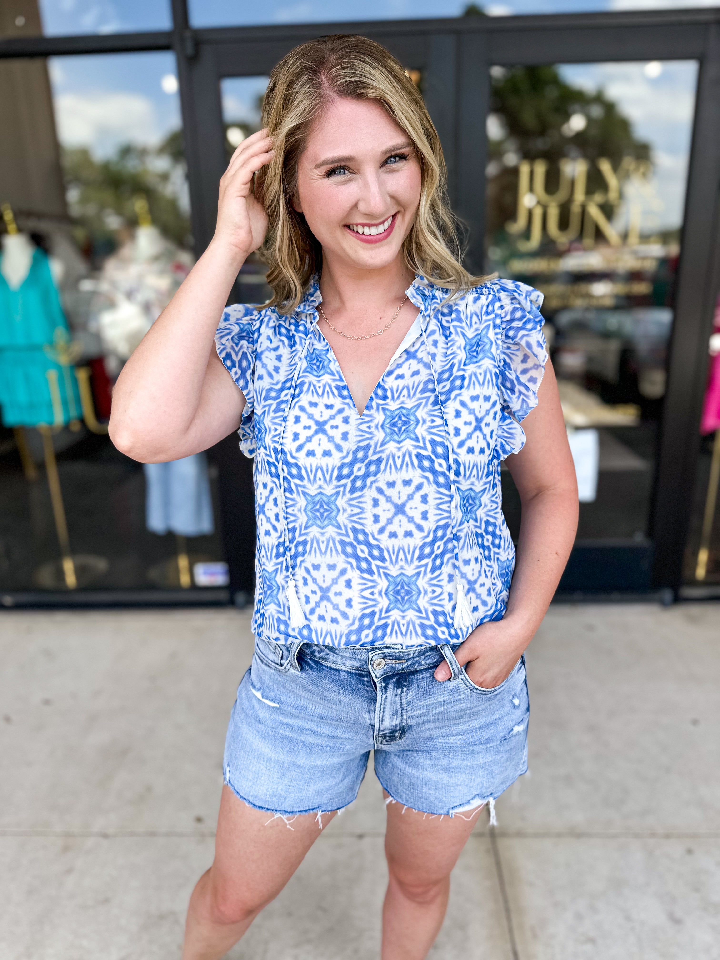 Summertime Blue Blouse-200 Fashion Blouses-OLIVACEOUS-July & June Women's Fashion Boutique Located in San Antonio, Texas