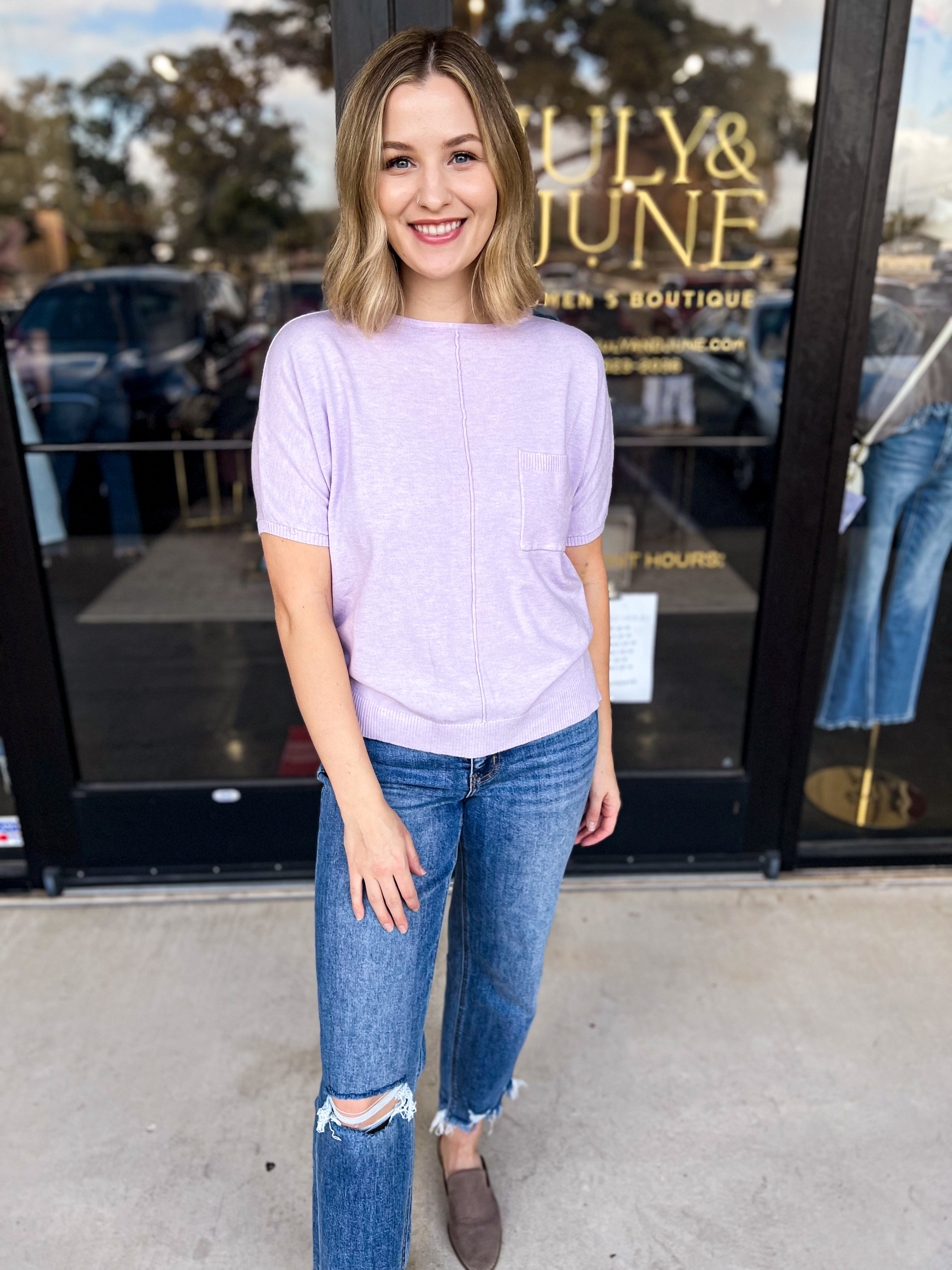 Comfy Pocket Sweater Tee - Lavender-200 Fashion Blouses-ALLIE ROSE-July & June Women's Fashion Boutique Located in San Antonio, Texas