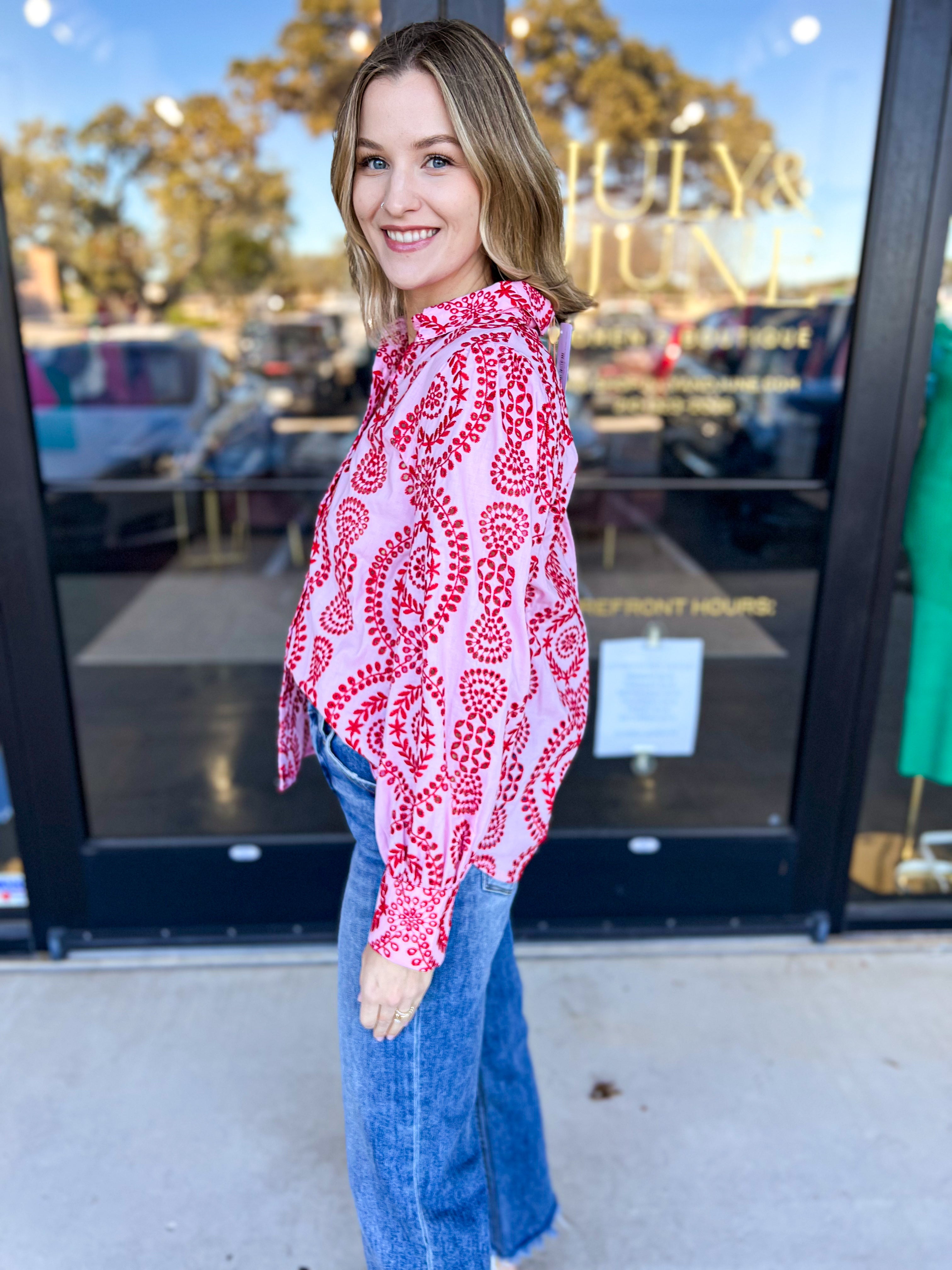 Pink & Red Embroidered Button Down Blouse-200 Fashion Blouses-SKIES ARE BLUE-July & June Women's Fashion Boutique Located in San Antonio, Texas