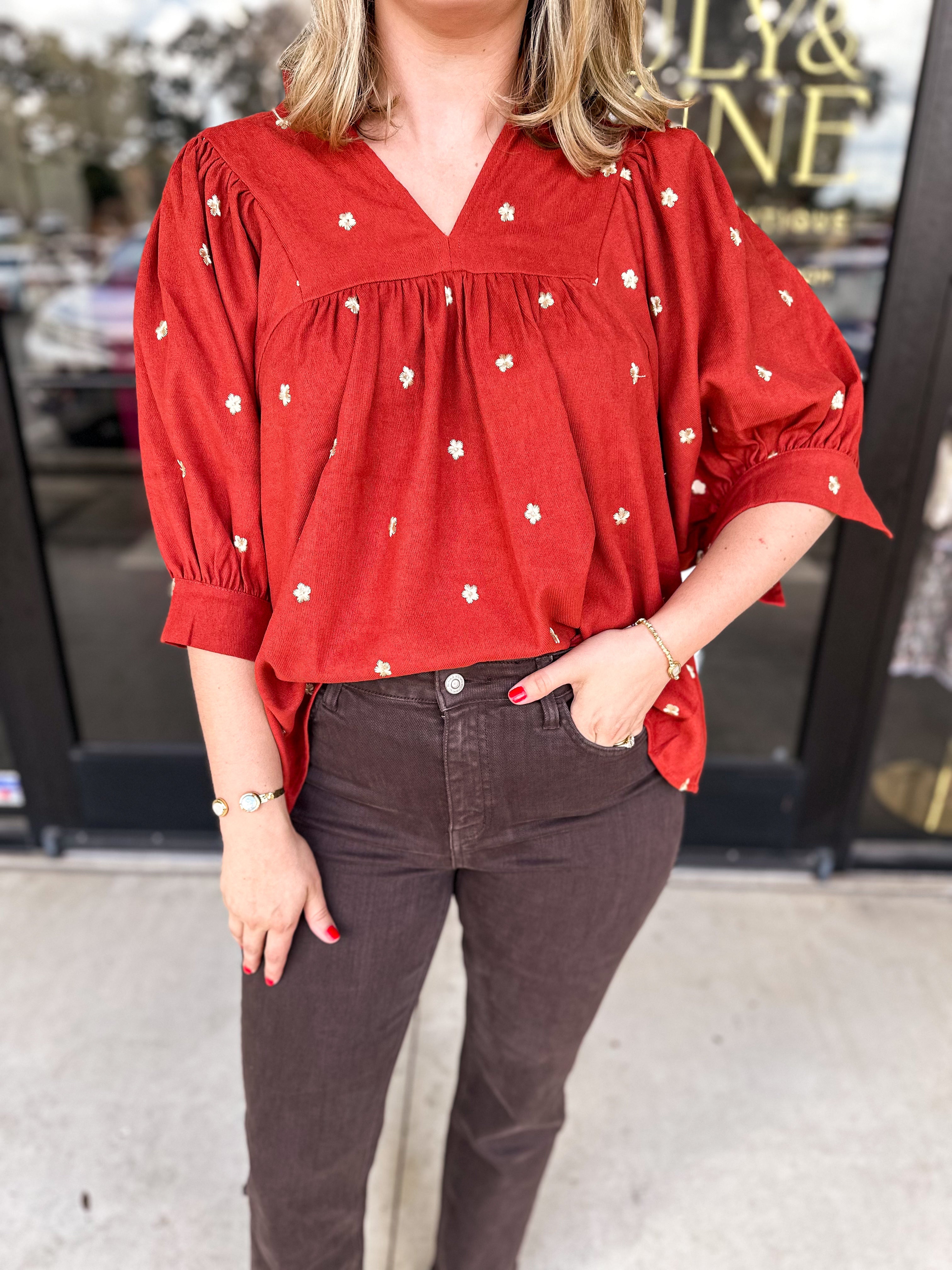 Floral & Rust Blouse-200 Fashion Blouses-ENTRO-July & June Women's Fashion Boutique Located in San Antonio, Texas