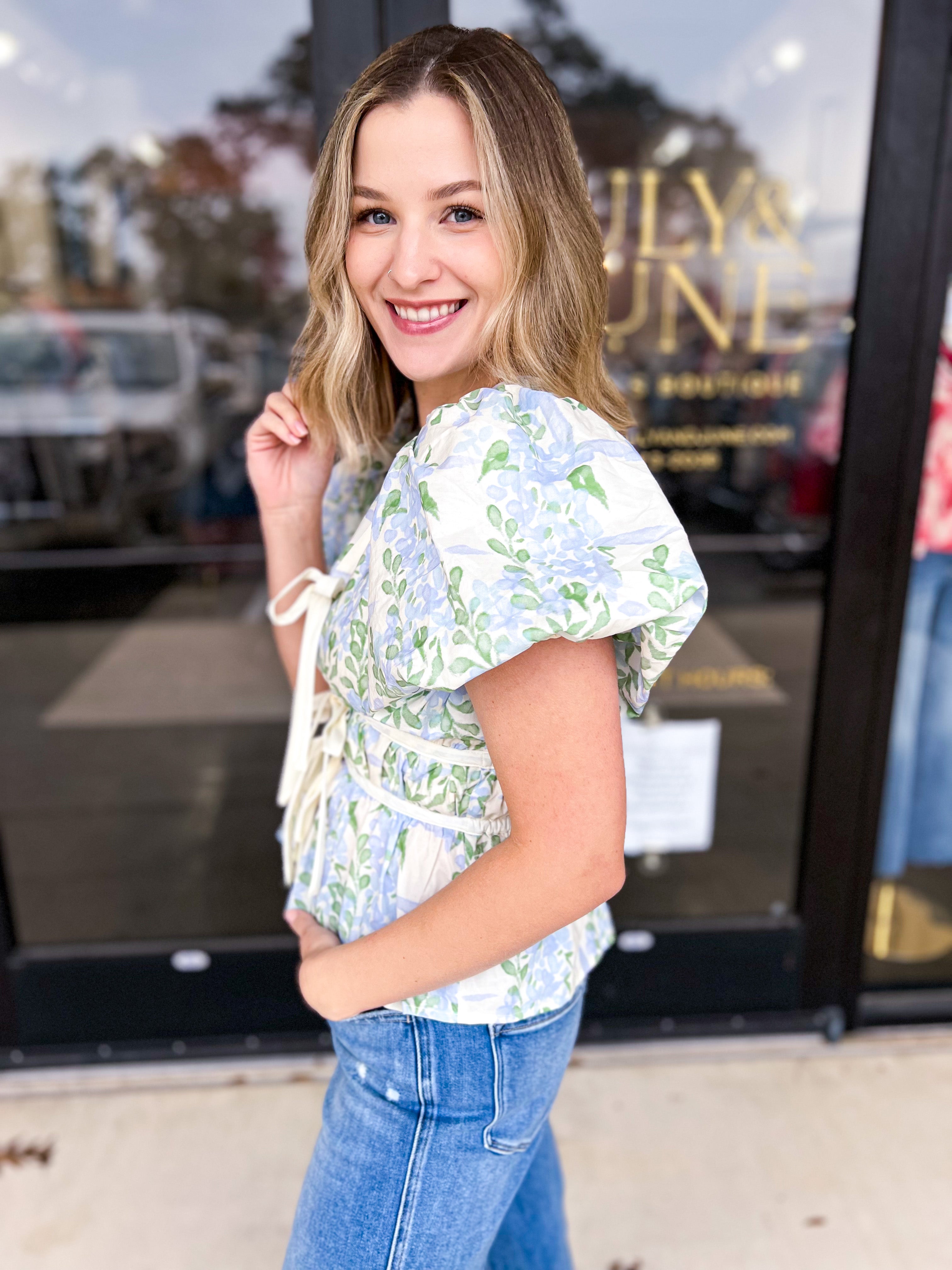 Springtime Garden Blouse - Blue-200 Fashion Blouses-ENTRO-July & June Women's Fashion Boutique Located in San Antonio, Texas