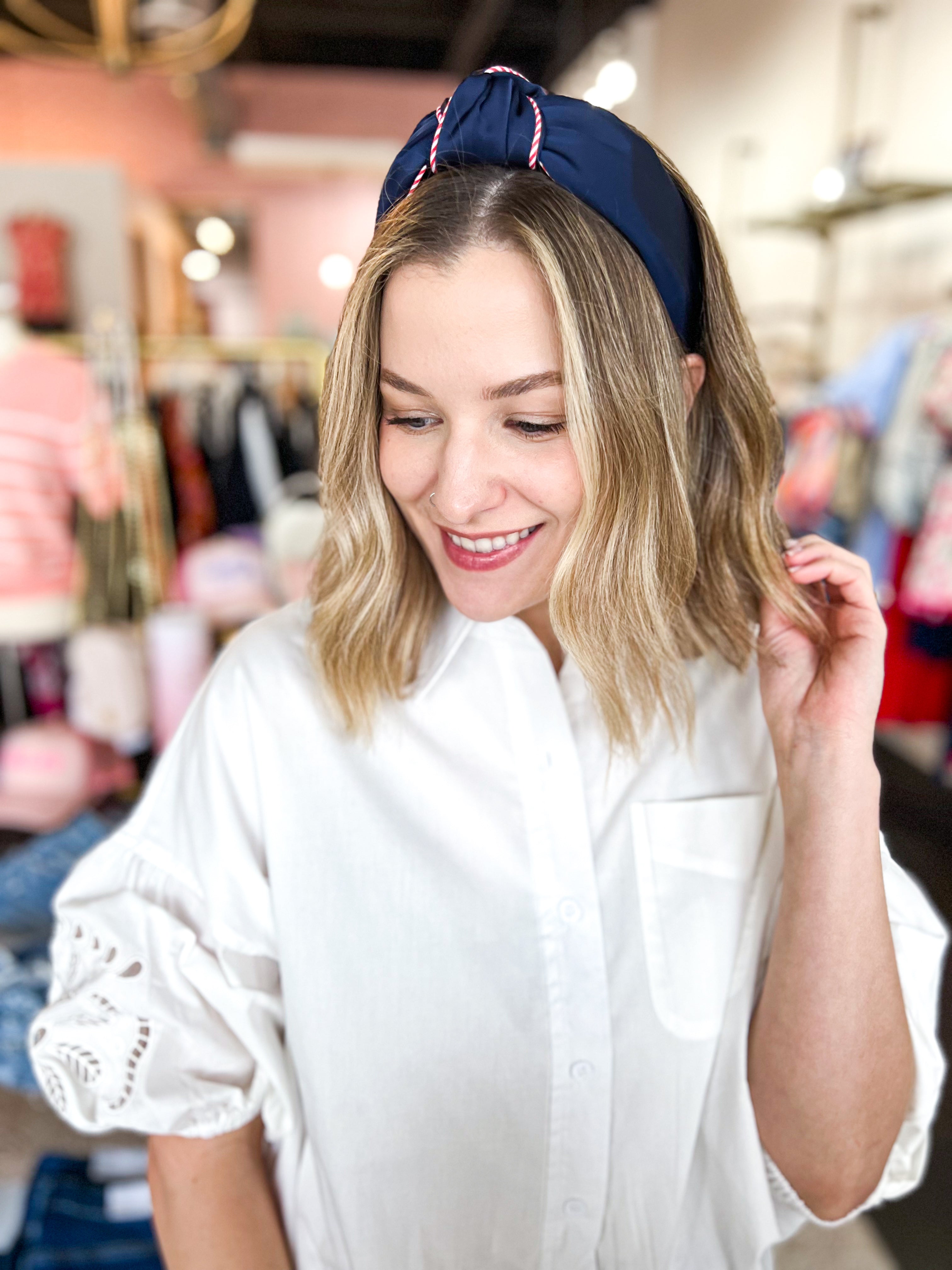 Stripe Trim Knotted Headband - Navy-130 ACCESSORIES-SHIRALEAH-July & June Women's Fashion Boutique Located in San Antonio, Texas