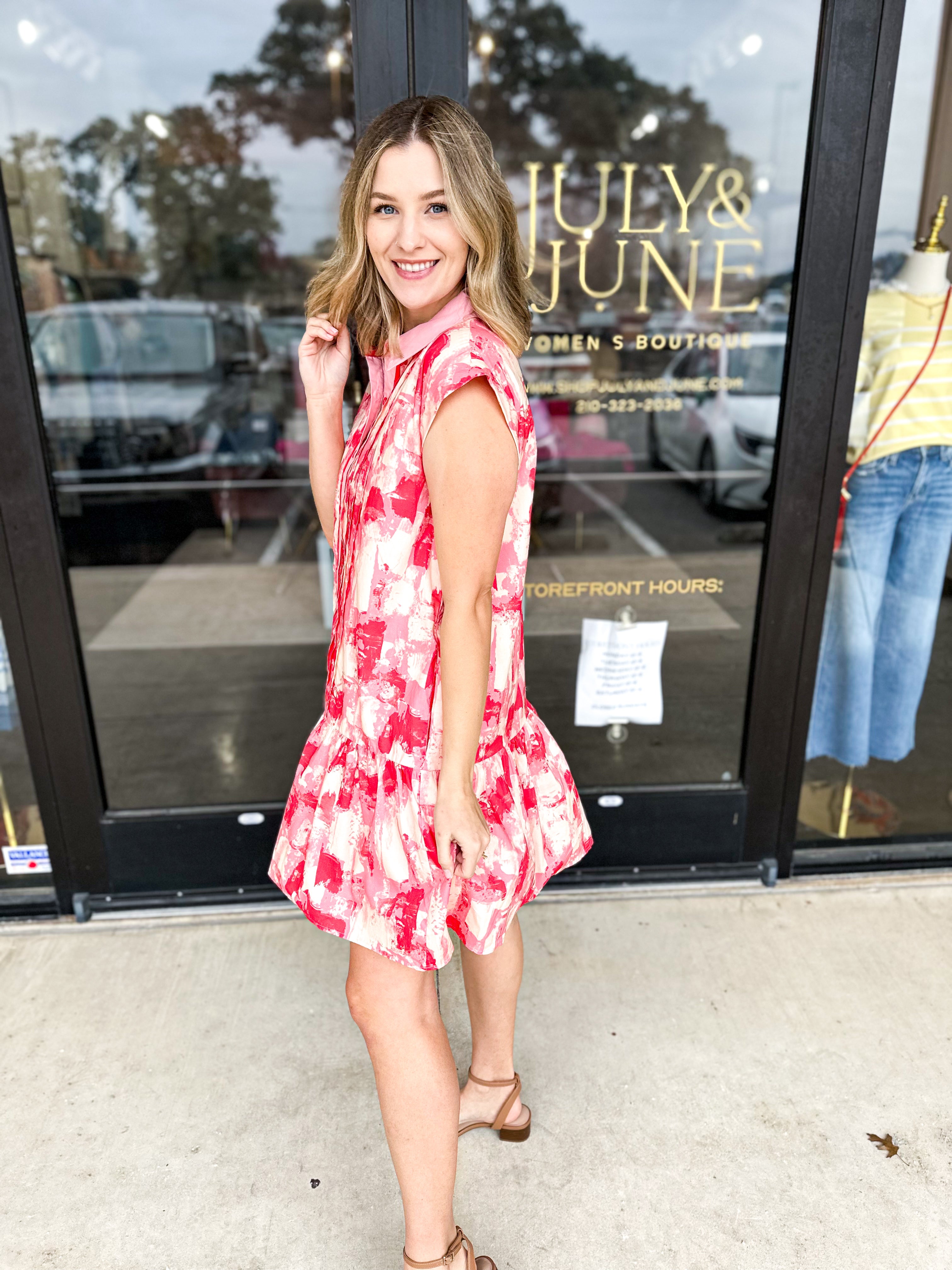 Watercolor Shift Dress - Pink & Red Combo-510 Mini-ENTRO-July & June Women's Fashion Boutique Located in San Antonio, Texas