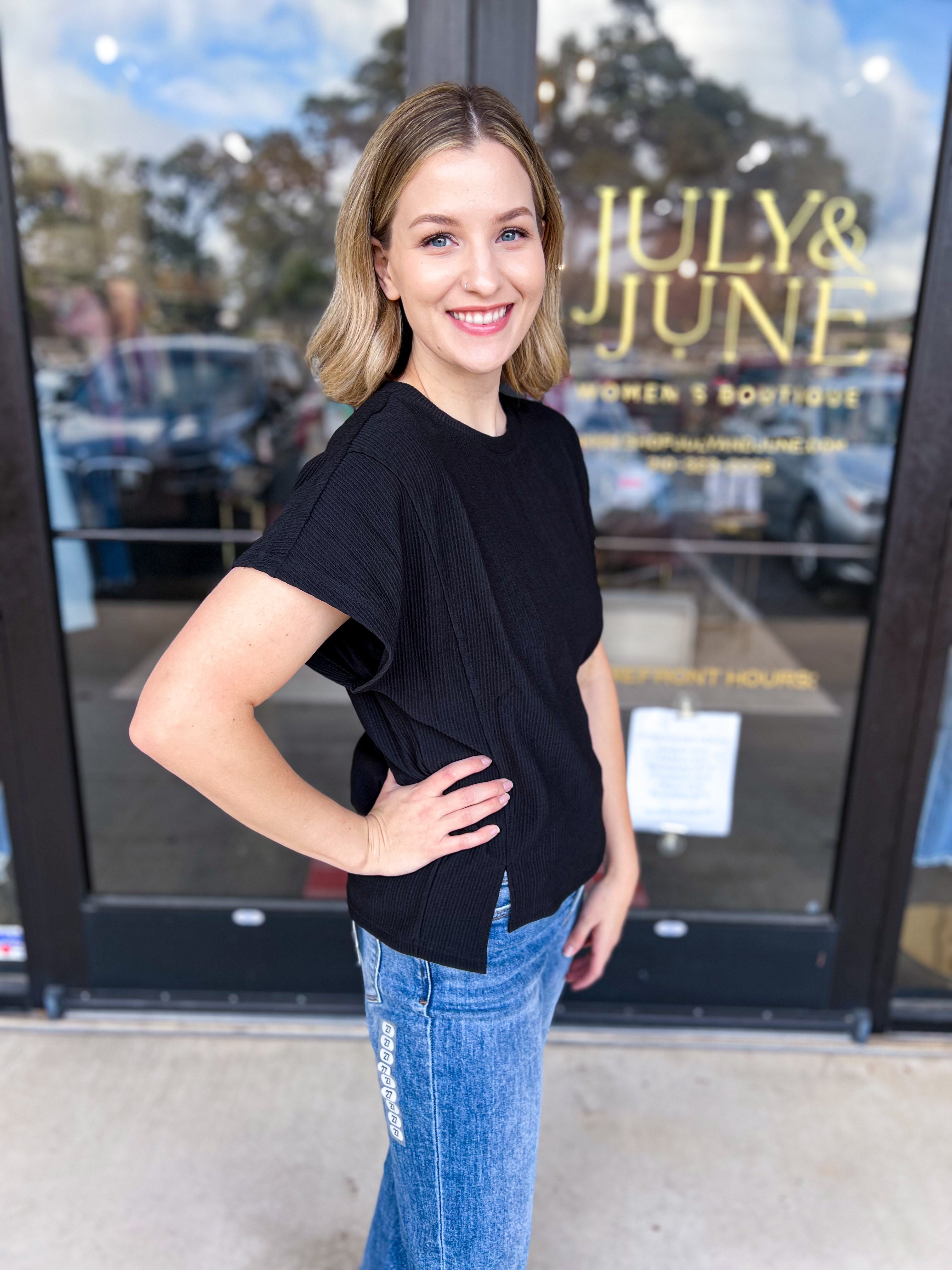 Comfy Black tee-210 Casual Blouses-ALLIE ROSE-July & June Women's Fashion Boutique Located in San Antonio, Texas