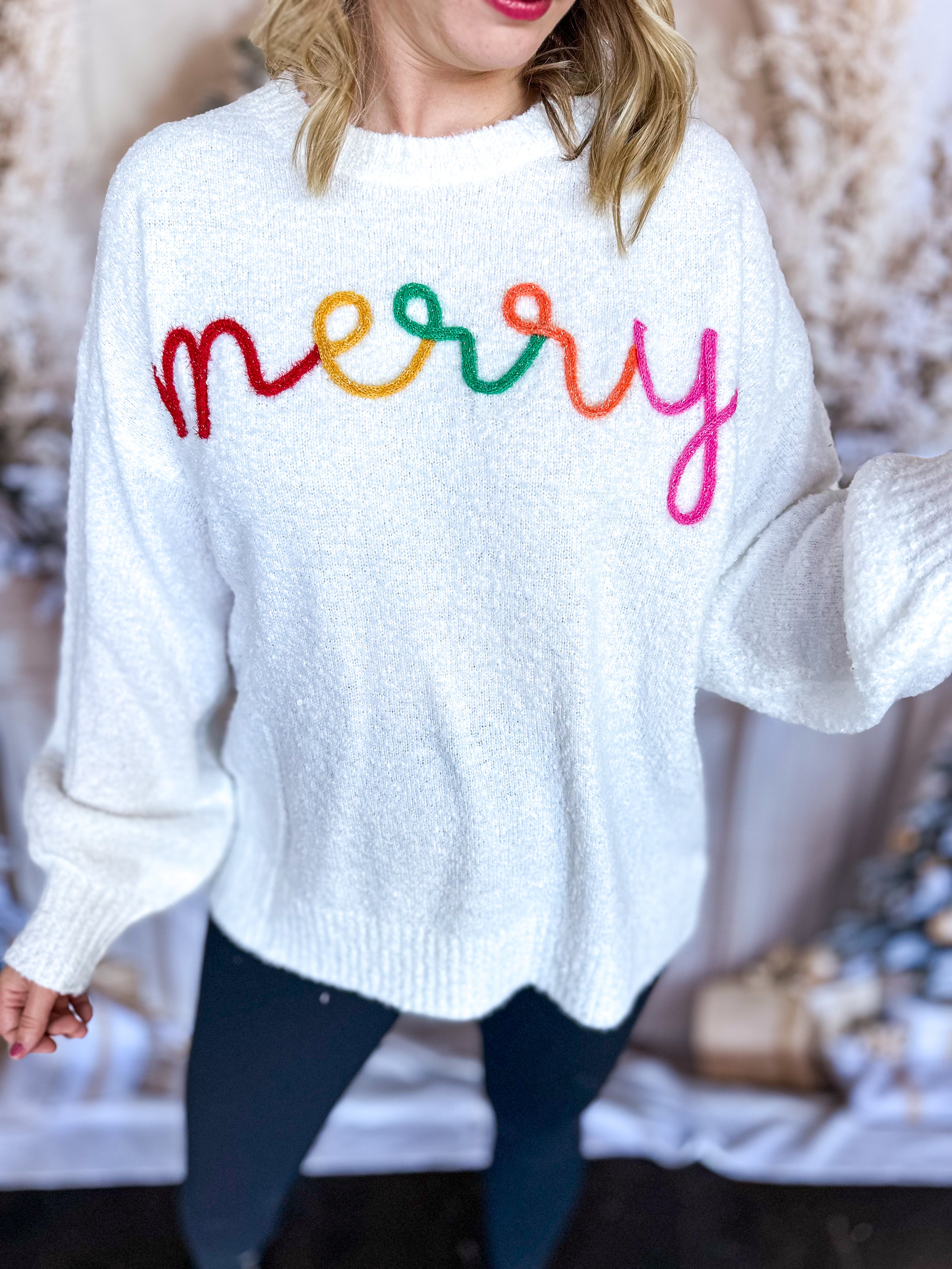 Merry Script Sweater Top - Ivory-230 Sweaters/Cardis-FANTASTIC FAWN-July & June Women's Fashion Boutique Located in San Antonio, Texas