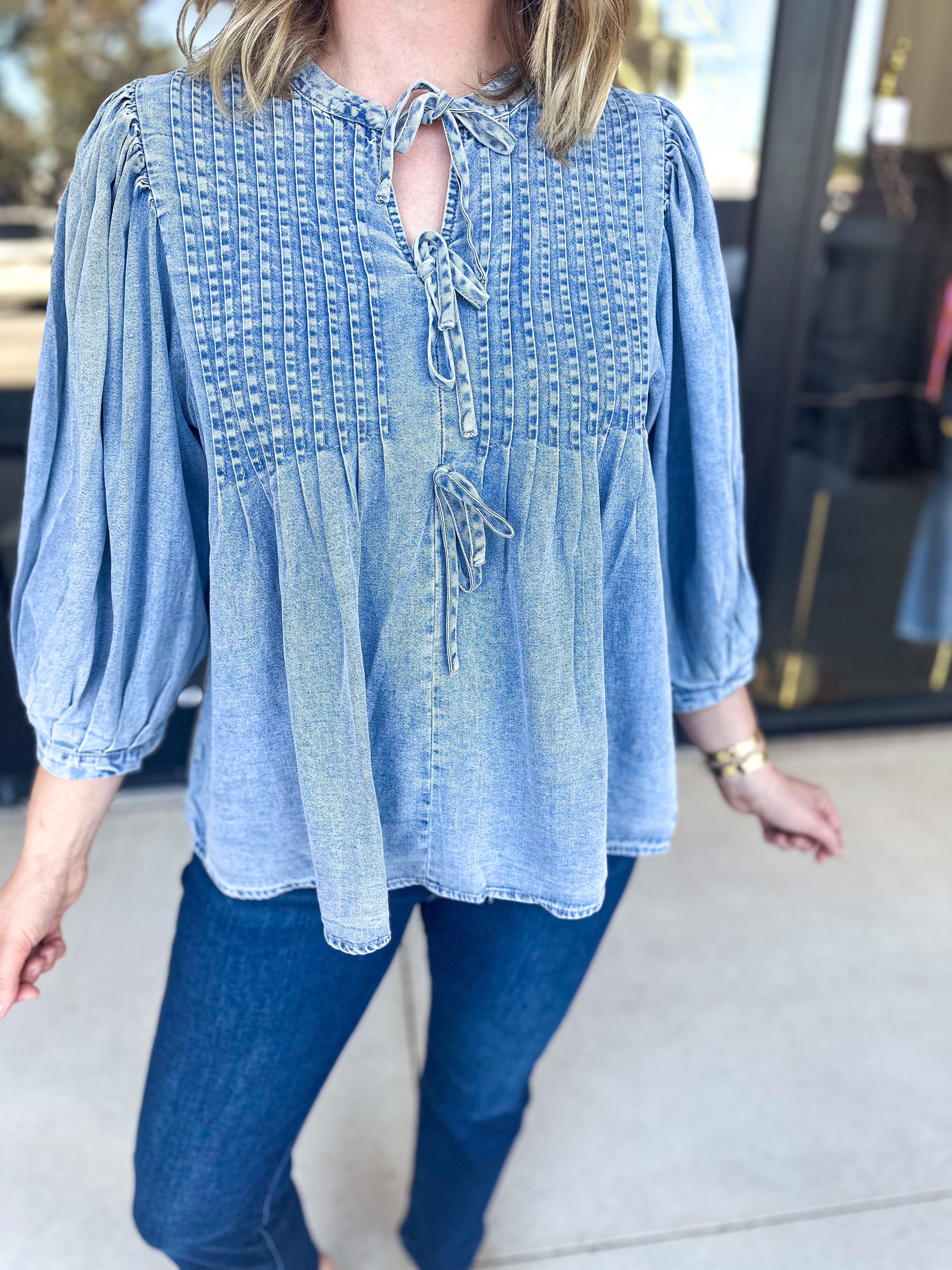 Denim Bow Blouse-200 Fashion Blouses-ENTRO-July & June Women's Fashion Boutique Located in San Antonio, Texas