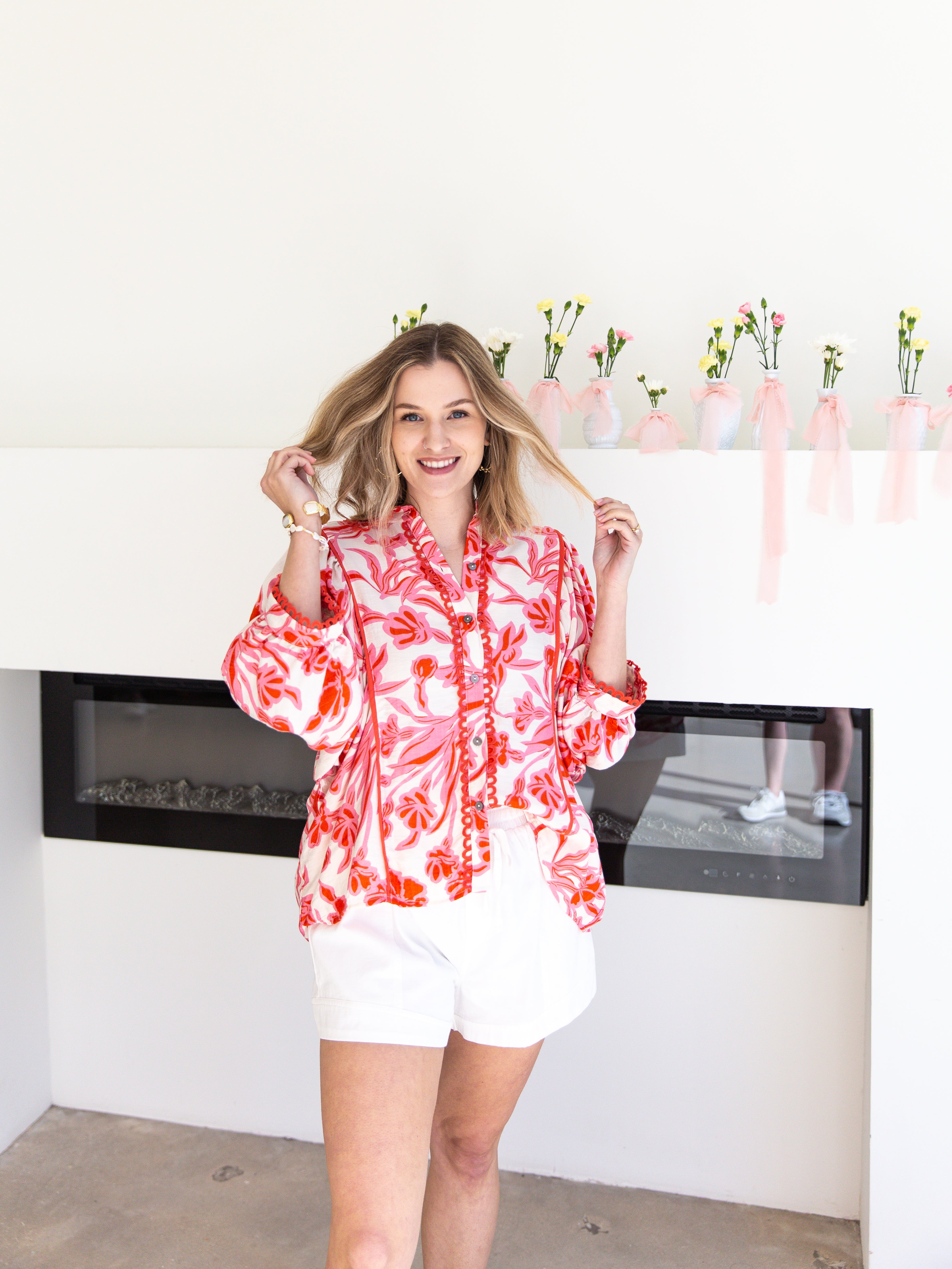 Red & Pink Floral Flowy Blouse-200 Fashion Blouses-ENTRO-July & June Women's Fashion Boutique Located in San Antonio, Texas