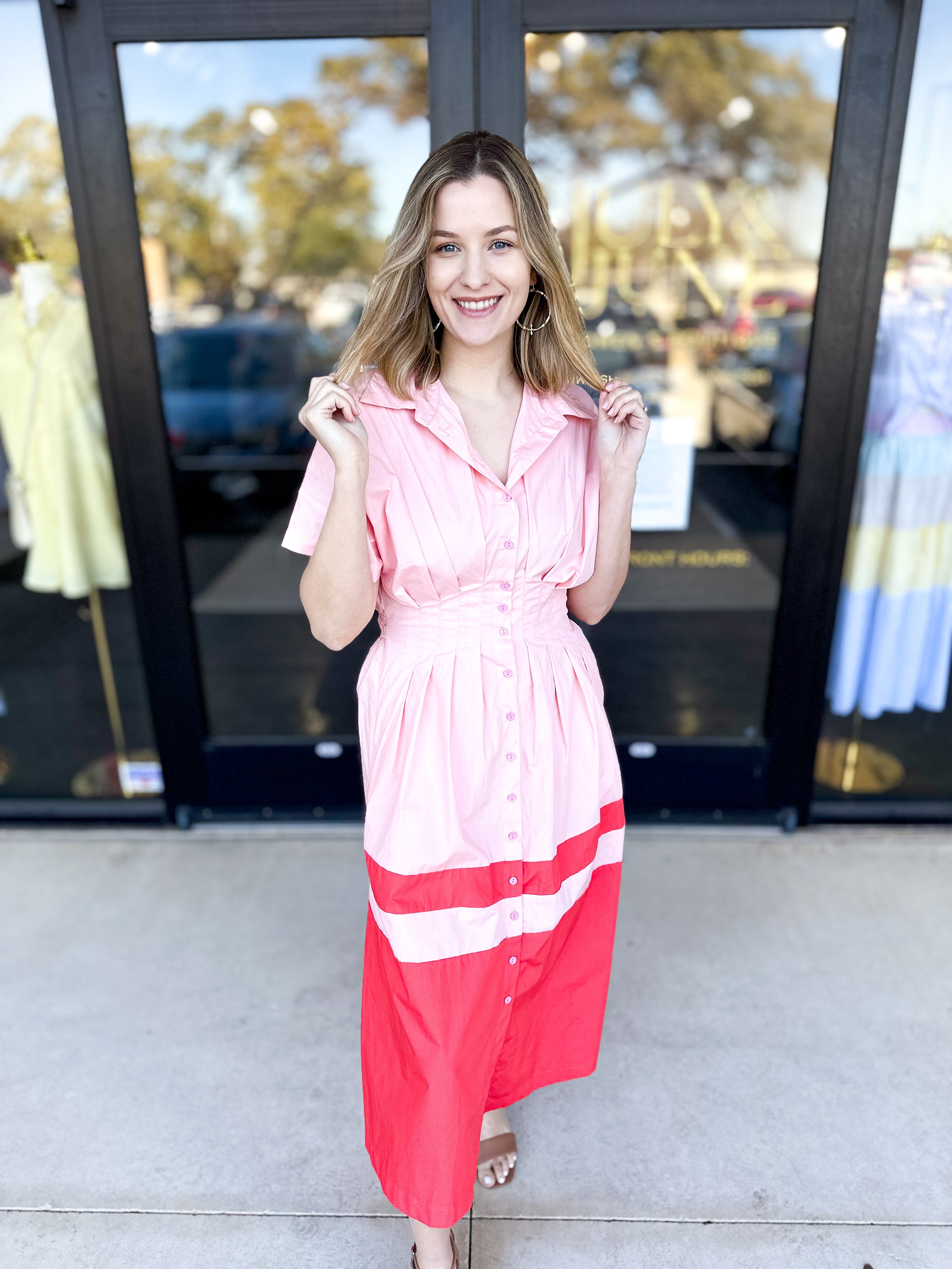 Pink & Red Contrast Midi Dress-500 Midi-&MERCI-July & June Women's Fashion Boutique Located in San Antonio, Texas