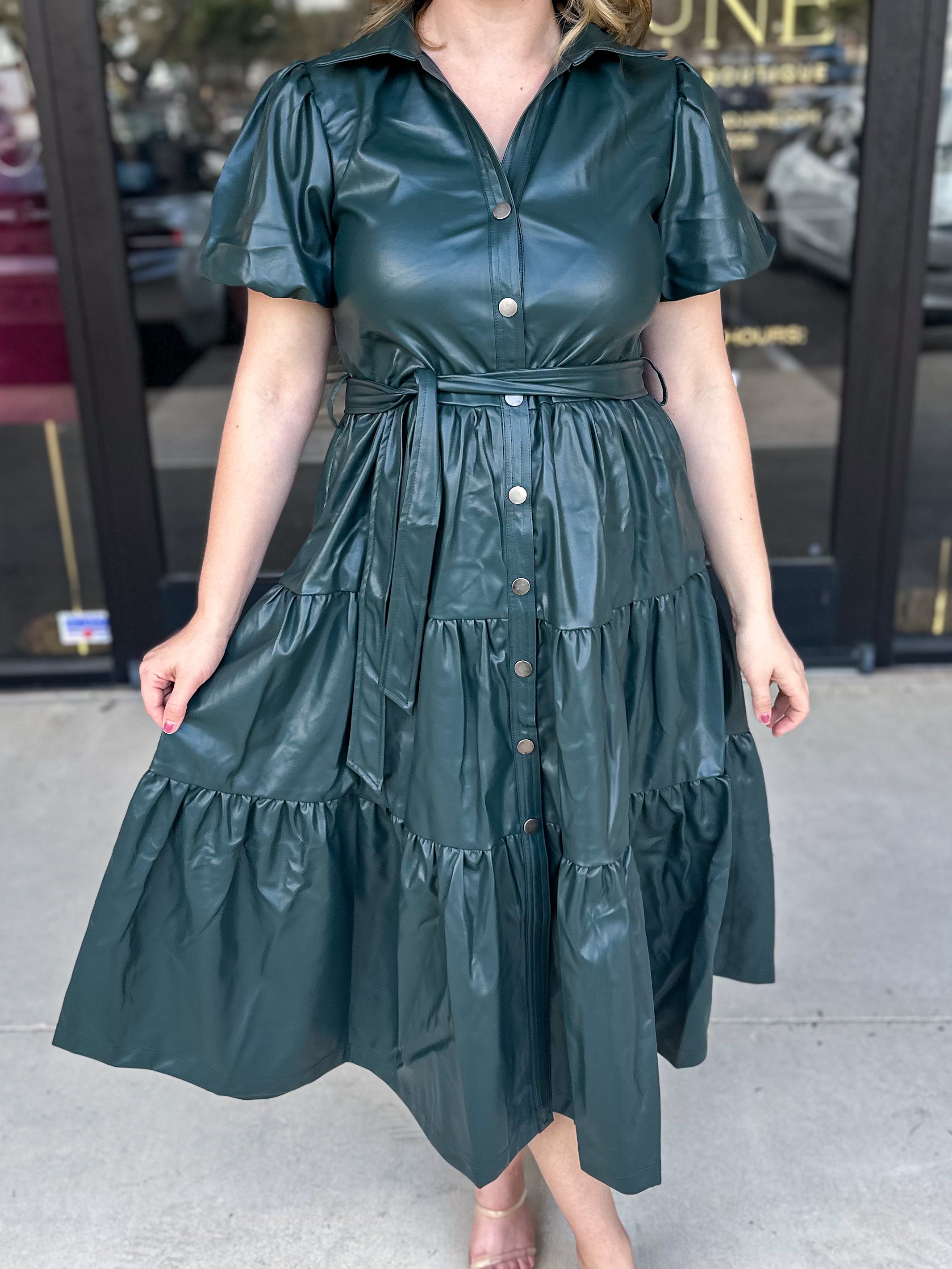 Faux Leather Tiered Midi Dress - Hunter Green-500 Midi-PINCH-July & June Women's Fashion Boutique Located in San Antonio, Texas