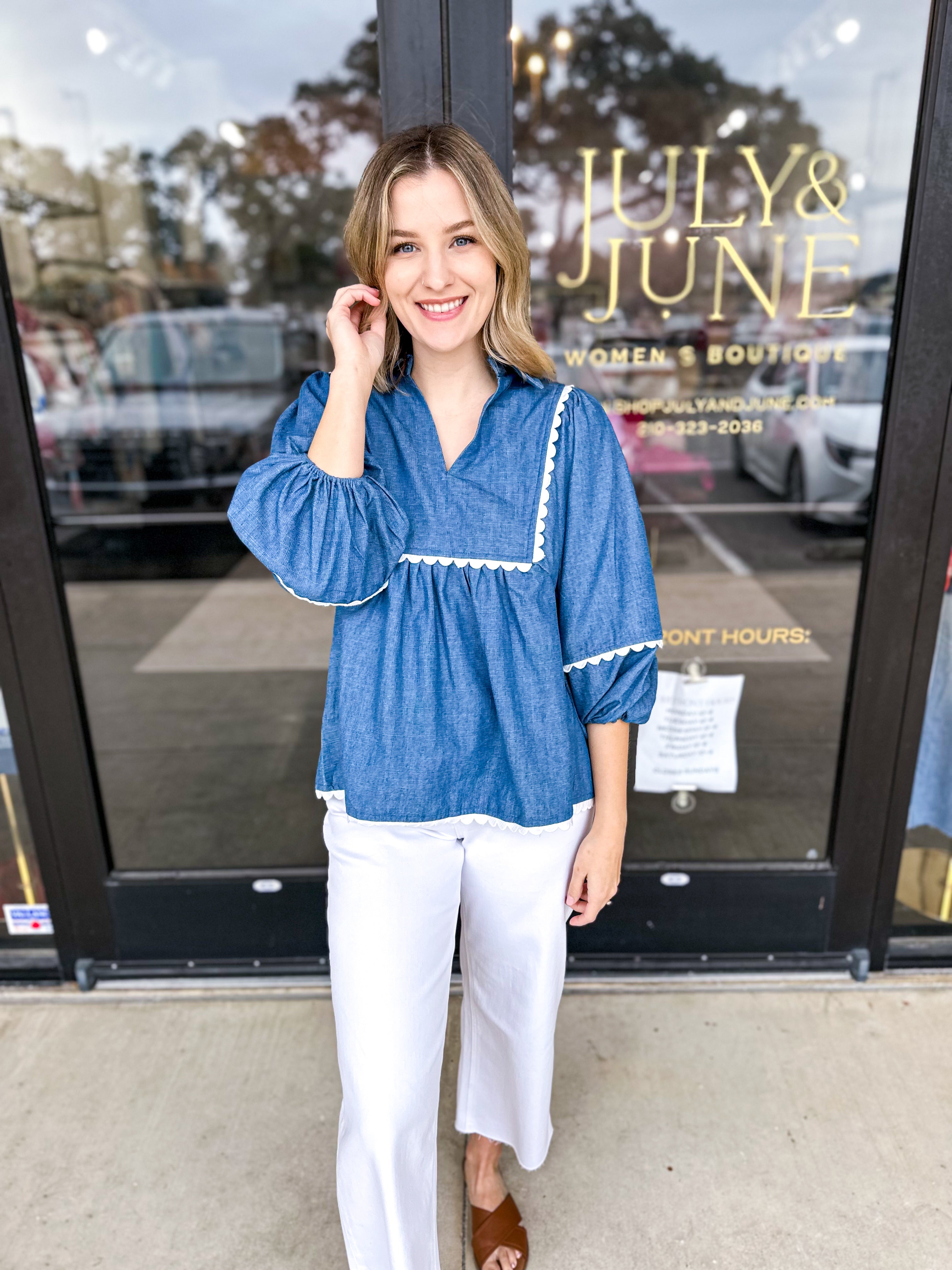 Denim Daze Blouse-200 Fashion Blouses-ENTRO-July & June Women's Fashion Boutique Located in San Antonio, Texas