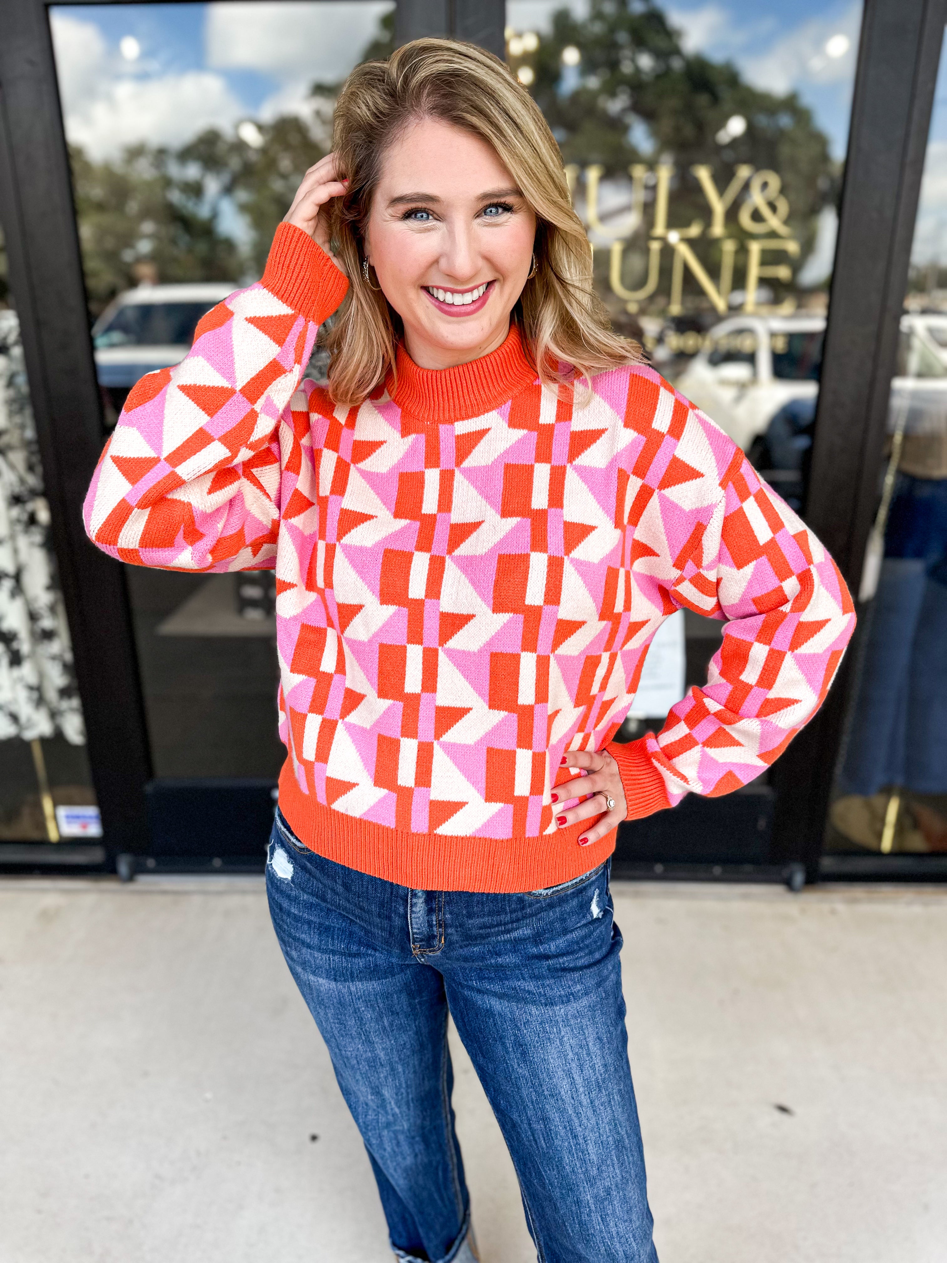 TMHL - Orange & Pink Geo Sweater-230 Sweaters/Cardis-THML-July & June Women's Fashion Boutique Located in San Antonio, Texas