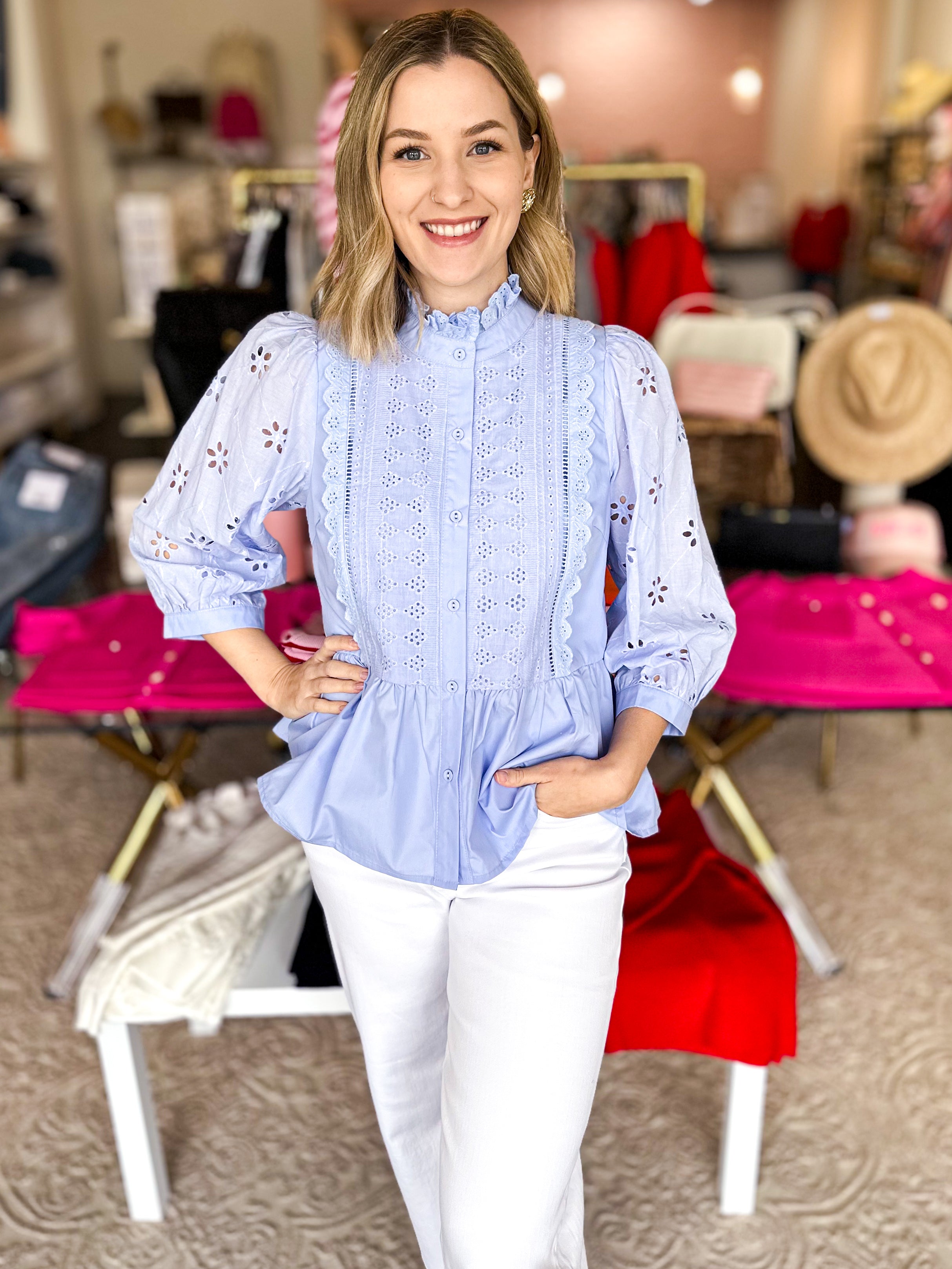 High Neck Lace Detailed Blouse - Periwinkle-200 Fashion Blouses-ENTRO-July & June Women's Fashion Boutique Located in San Antonio, Texas