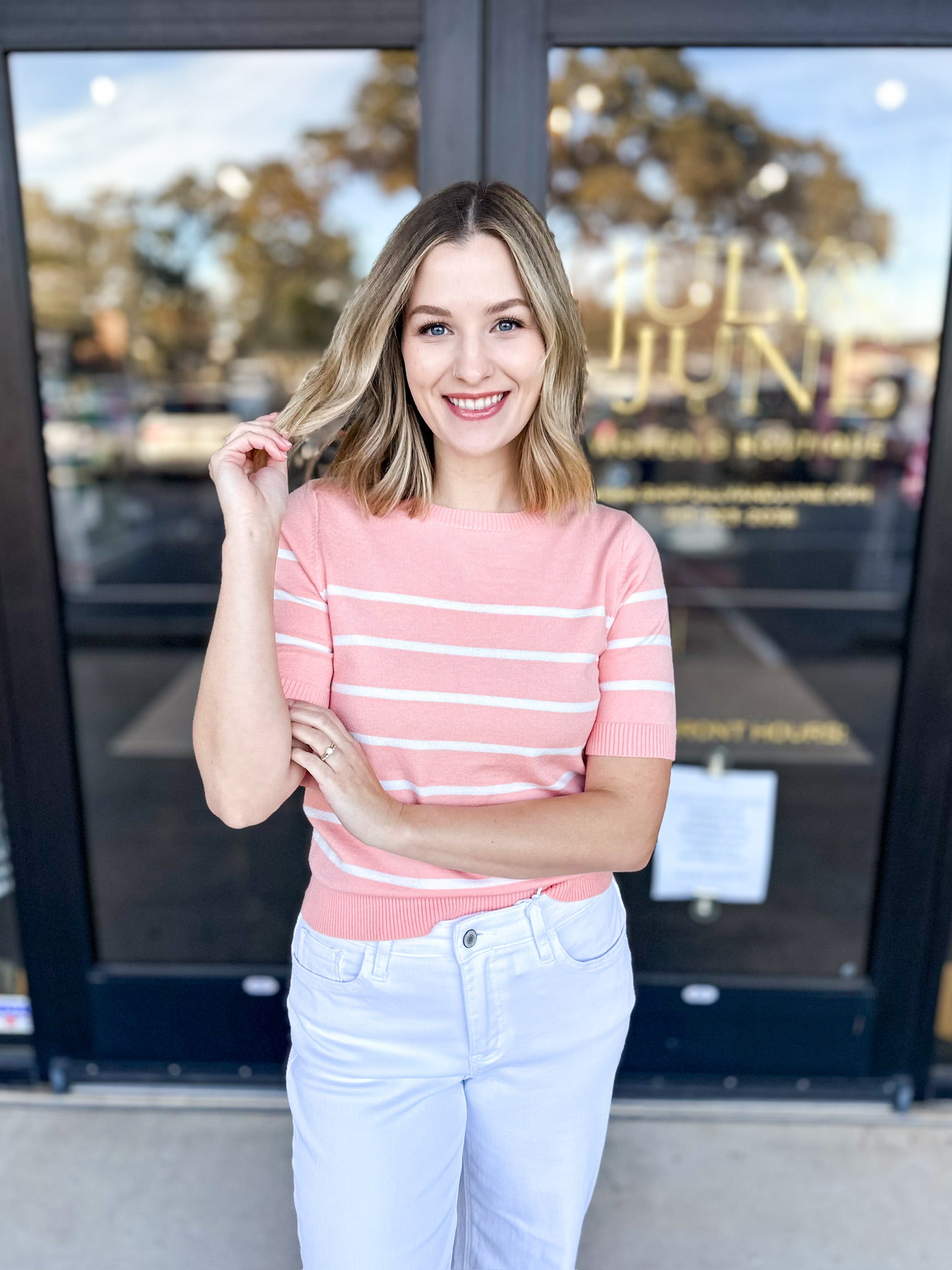 Springtime Short Sleeve Sweater Top - Peach-230 Sweaters/Cardis-ALLIE ROSE-July & June Women's Fashion Boutique Located in San Antonio, Texas