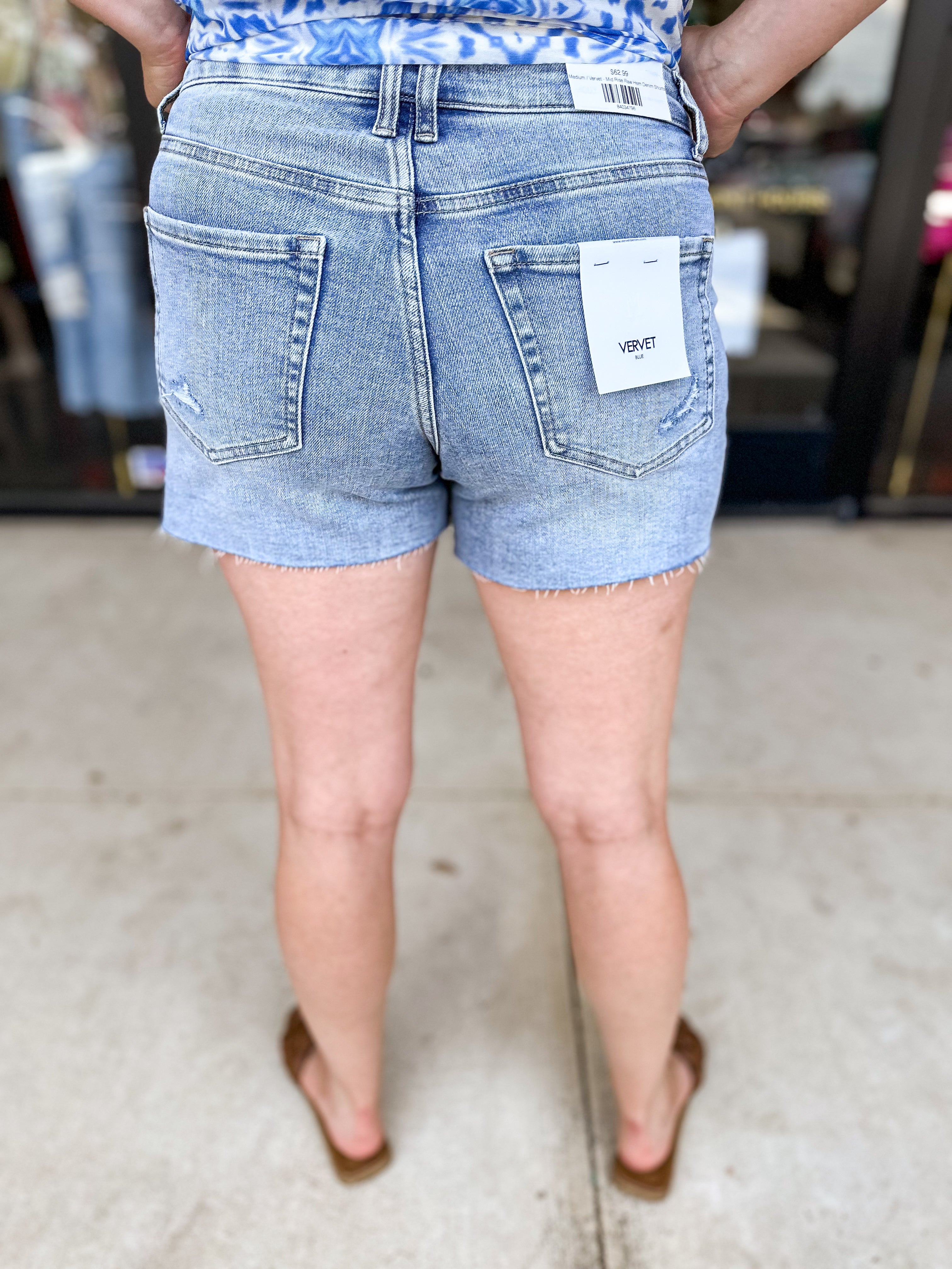 Vervet - Mid Rise Raw Hem Denim Shorts-410 Shorts/Skirts-VEVERT BY FLYING MONKEY-July & June Women's Fashion Boutique Located in San Antonio, Texas